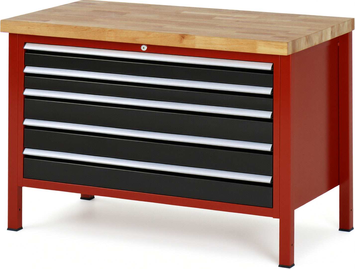 Werkbank Modell 8371 rot - schwarz, BxTxH 1250x700x840 mm,  Buche-Massiv Arbeitsplatte 40 mm,  5 Schubladen mit  Vollauszug 100 % und  SoftClosing