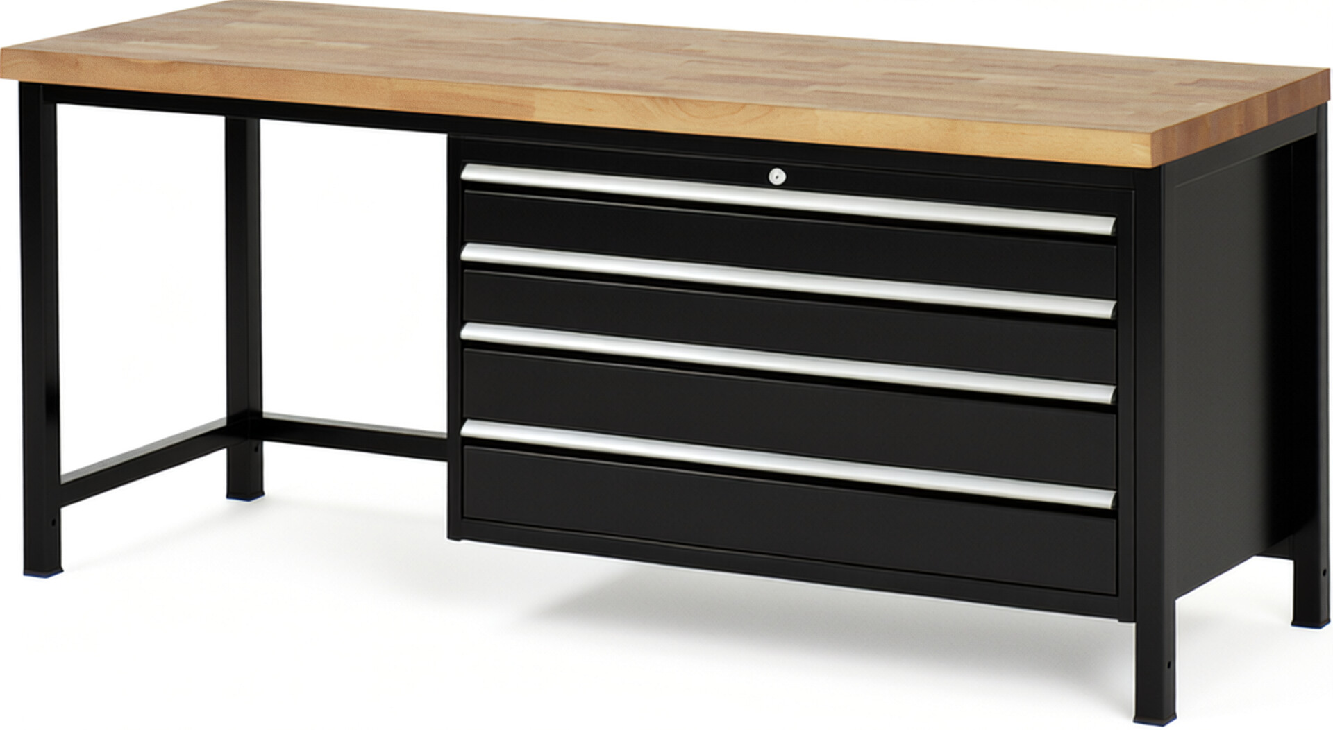 Werkbank Modell 8362 schwarz, BxTxH 2000x700x840-1040 mm,  Buche-Massiv Arbeitsplatte 40 mm,  4 Schubladen mit  Vollauszug 100 % und  SoftClosing