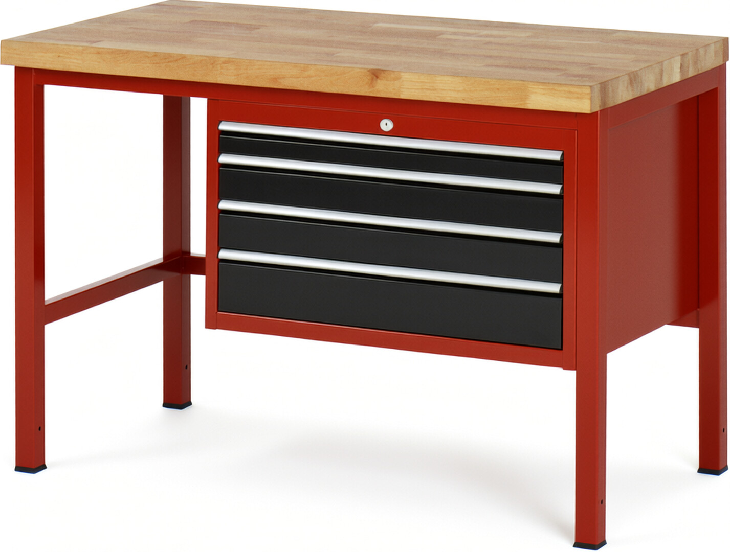 Werkbank Modell 8232 rot - schwarz, BxTxH 1250x700x840 mm,  Buche-Massiv Arbeitsplatte 40 mm,  4 Schubladen mit  Vollauszug 100 % und  SoftClosing