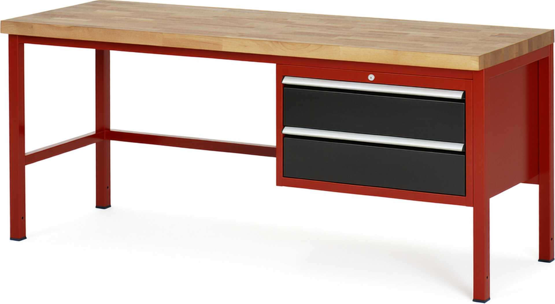 Werkbank Modell 8225 rot - schwarz, BxTxH 2000x700x840 mm,  Buche-Massiv Arbeitsplatte 40 mm,  2 Schubladen mit  Auszug 90 %