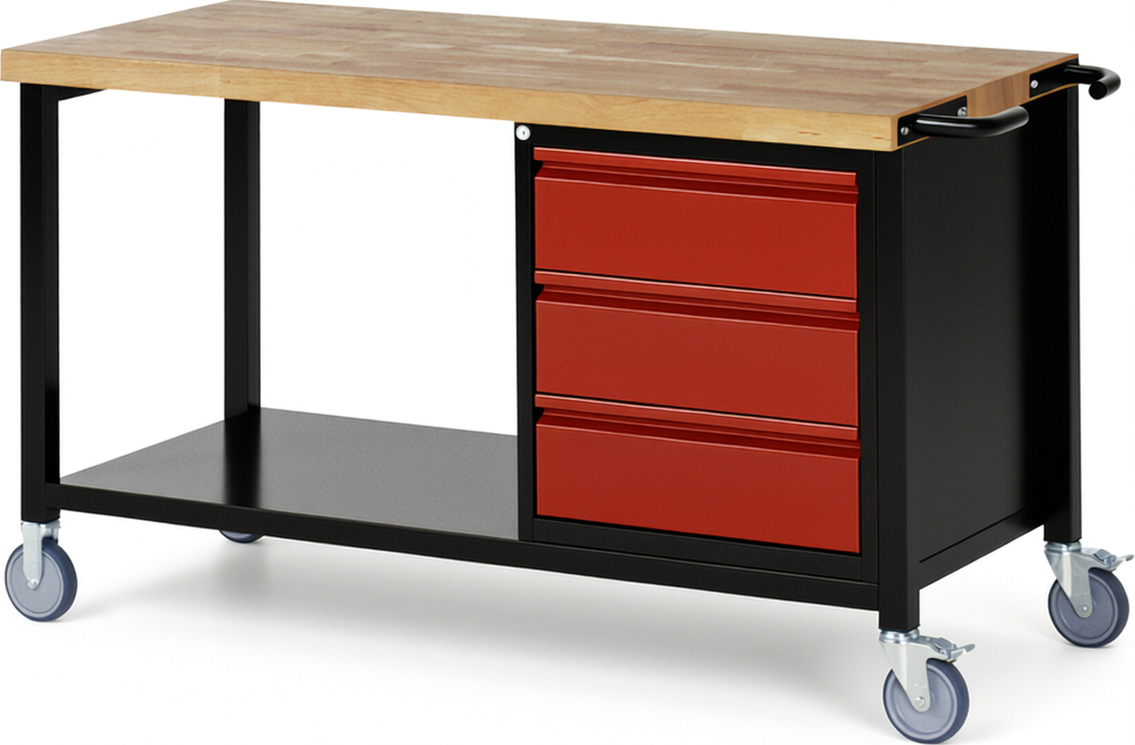 RAU Werkbank schwarz - rot - Breite 150 cm - Tiefe 70 cm - Höhe 88 cm - Buche-Massiv Arbeitsplatte 40 mm