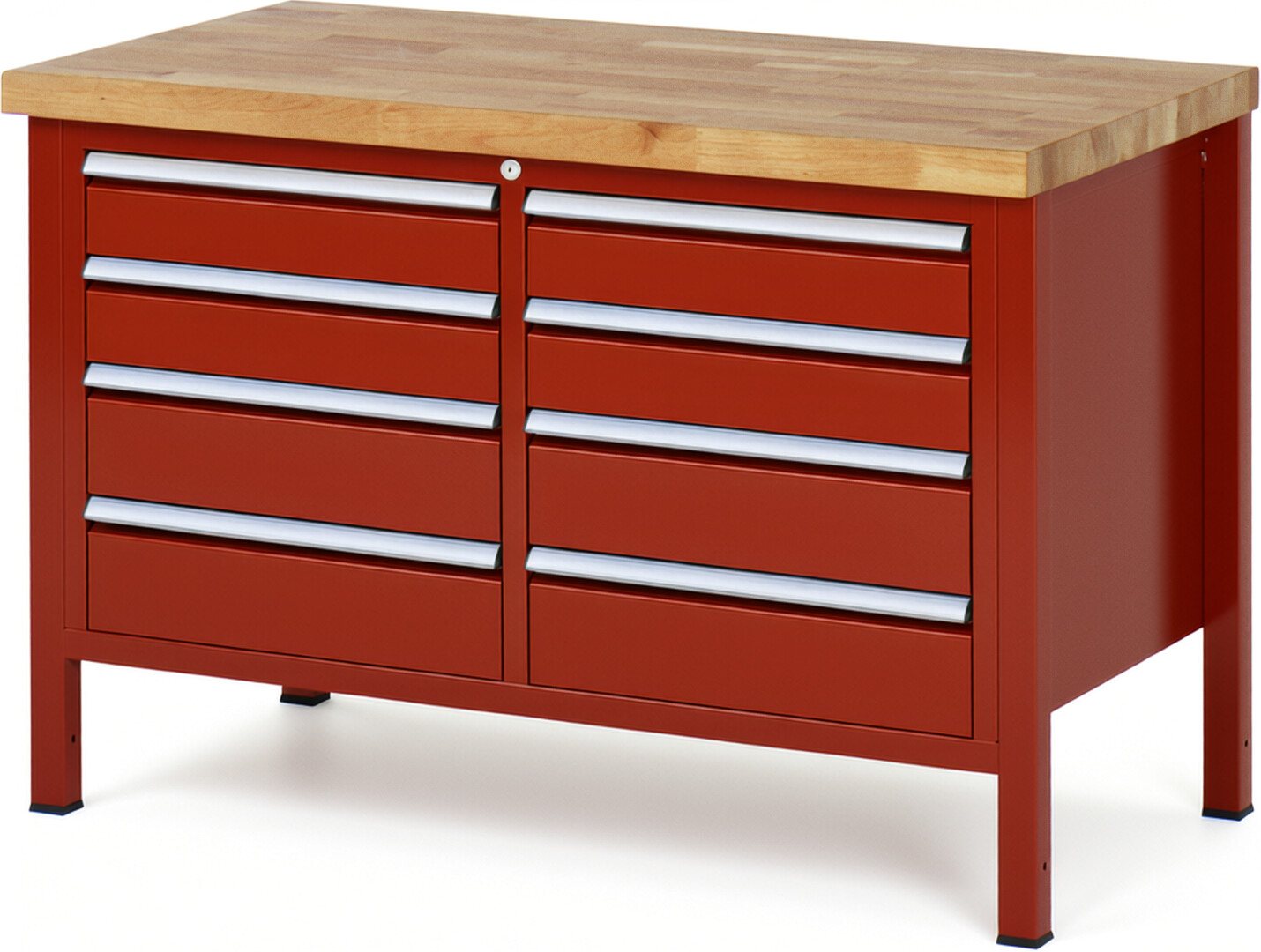 Werkbank Modell 8477 rot, BxTxH 1250x700x840 mm,  Buche-Massiv Arbeitsplatte 40 mm,  8 Schubladen mit  Vollauszug 100 % und  SoftClosing