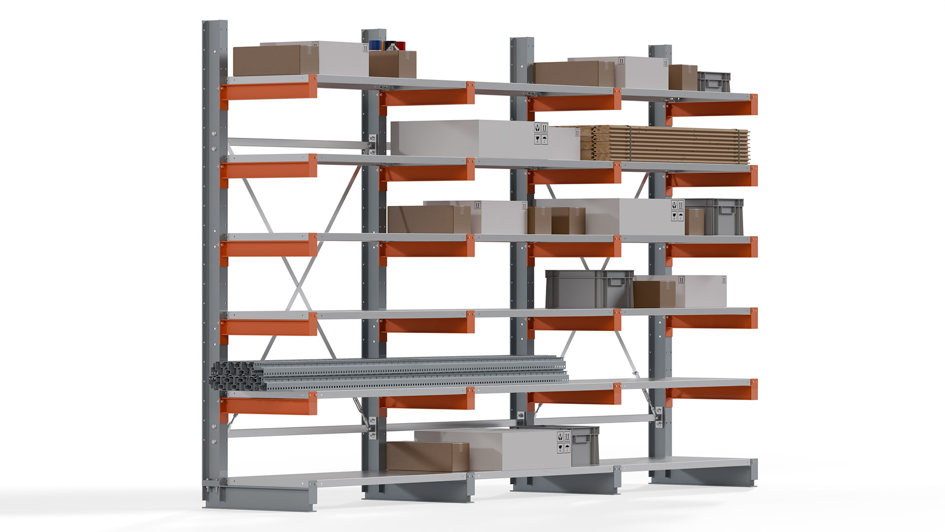 Kragarmregal KARL basic - lackiert - Breite: 384 cm - Höhe: 250 cm - Tiefe: 60 cm - Traglast je Kragarm: 730 kg - einseitig