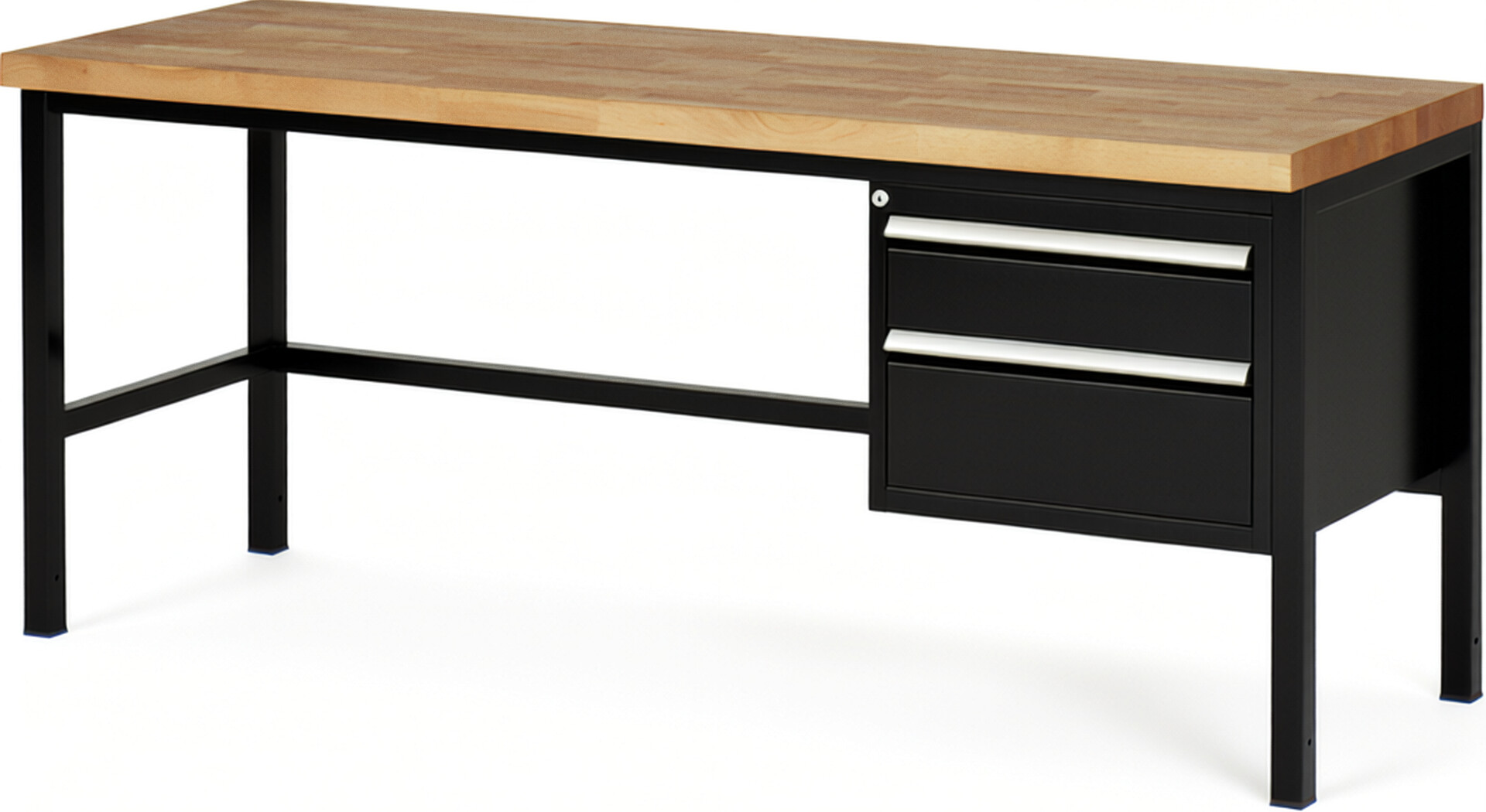 Werkbank Modell 8123 schwarz, BxTxH 2000x700x840-1040 mm,  Buche-Massiv Arbeitsplatte 40 mm,  2 Schubladen mit  Auszug 90 %