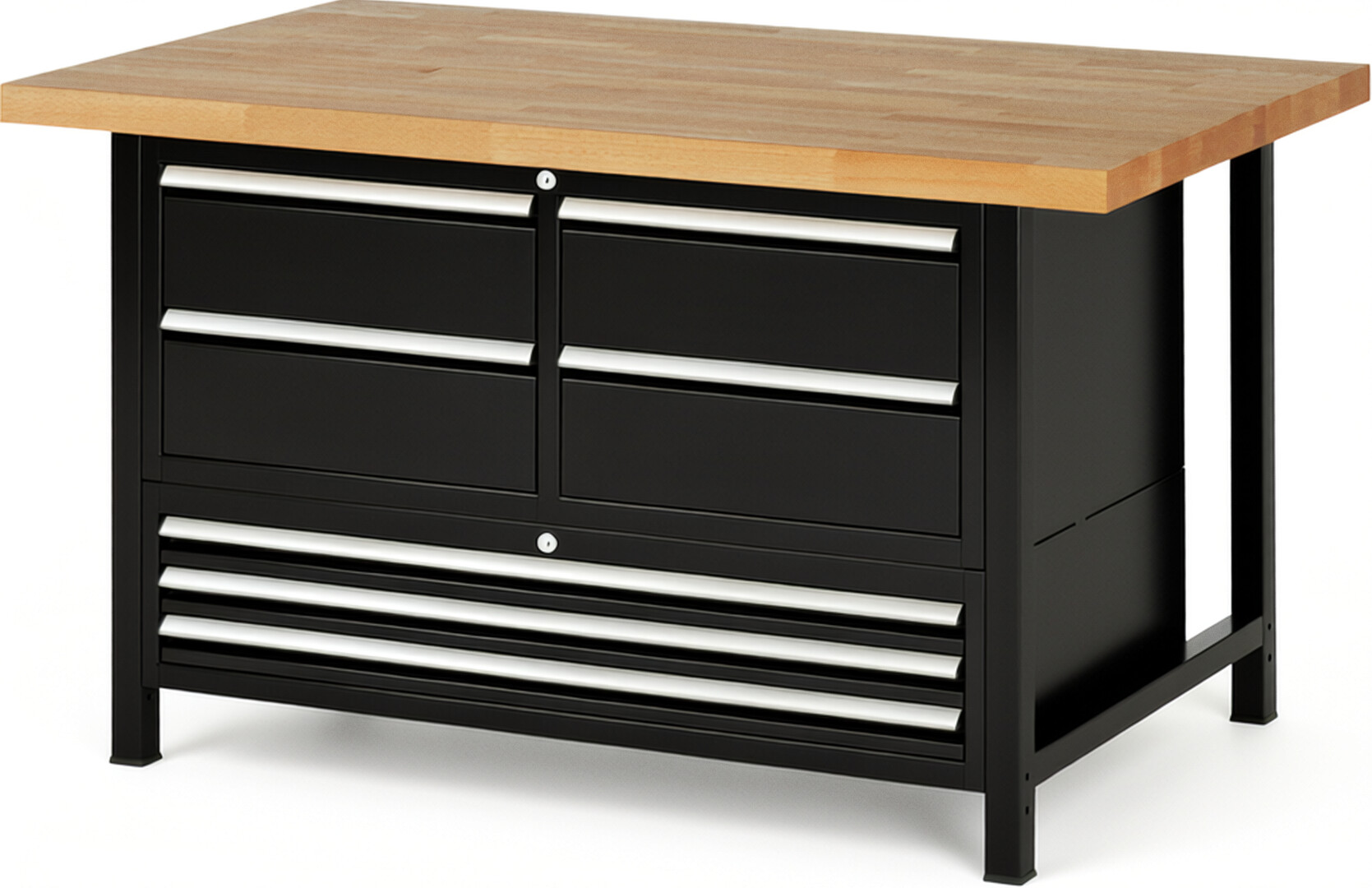 RAU Werkbank schwarz - Breite 150 cm - Tiefe 90 cm - Höhe 84 cm - Buche-Massiv Arbeitsplatte 40 mm