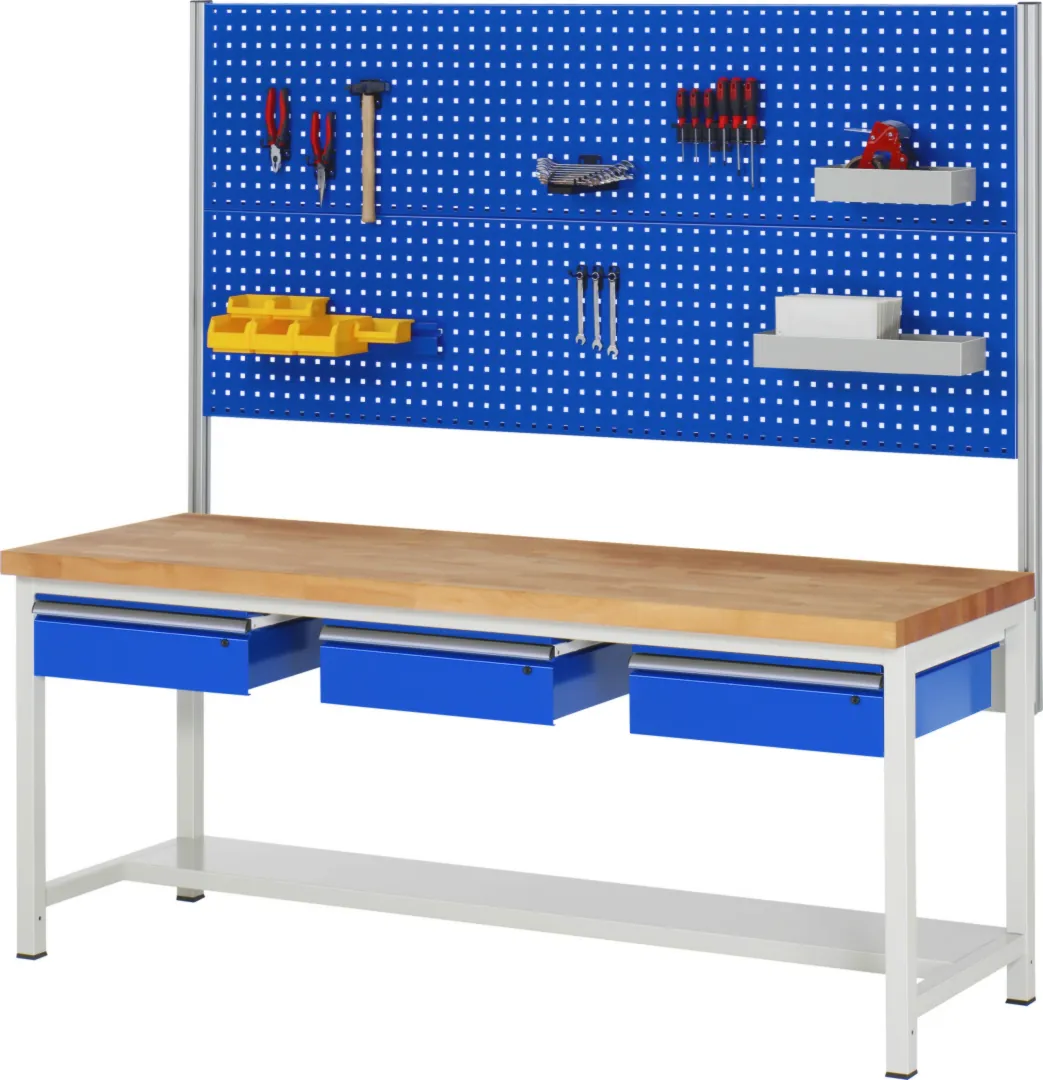 Werkbank Modell 8003 rot, BxTxH 2000x700x840 mm,  Buche-Massiv Arbeitsplatte 40 mm,  3 Schubladen mit  Auszug 90 %