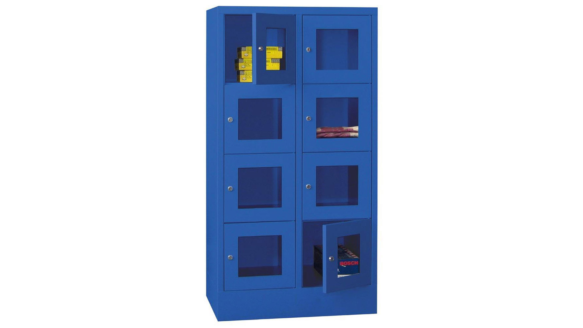 Fächerschränke mit Sichtfenstertüren, Breite 80 cm, Höhe 151,8 cm, Tiefe 50 cm, 2x4 Fächer