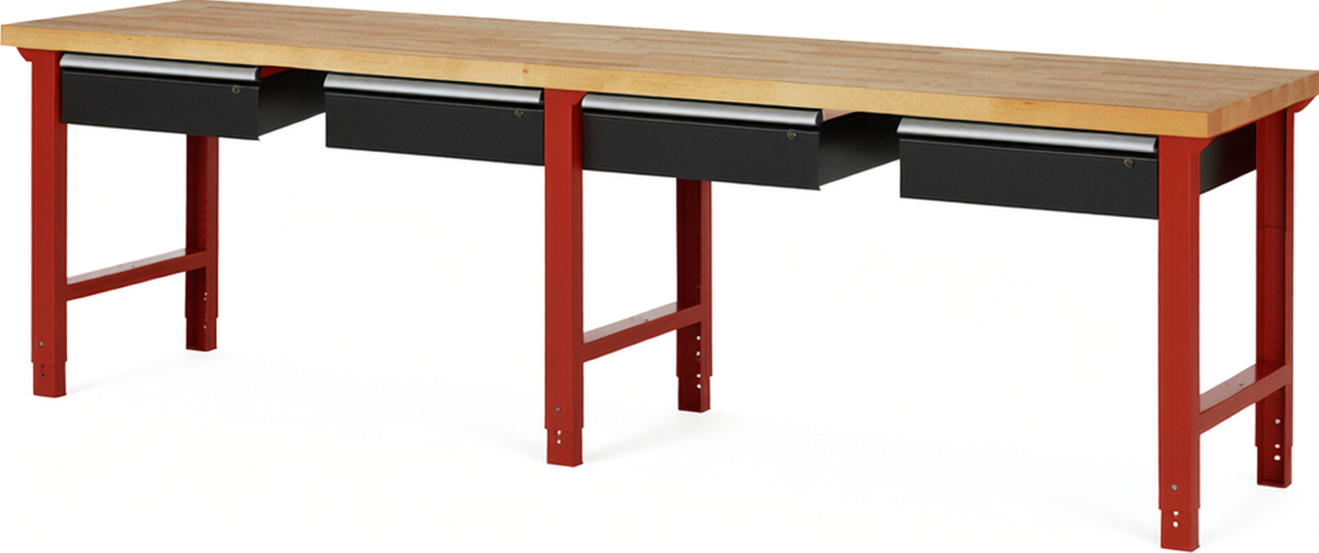 Werkbank Modell 7002 rot - schwarz, BxTxH 3000x700x790-1140 mm,  Buche-Massiv Arbeitsplatte 40 mm,  4 Schubladen mit  Auszug 90 %