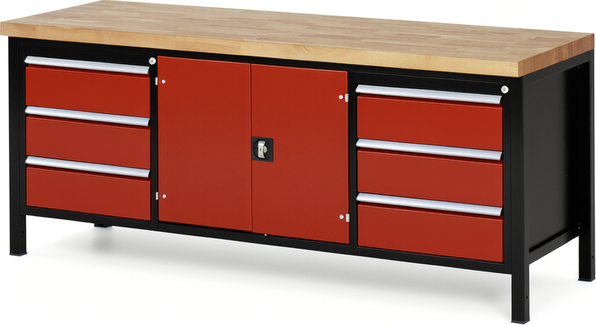 RAU Werkbank schwarz - rot - Breite 200 cm - Tiefe 70 cm - Höhe 104 cm - Buche-Massiv Arbeitsplatte 40 mm