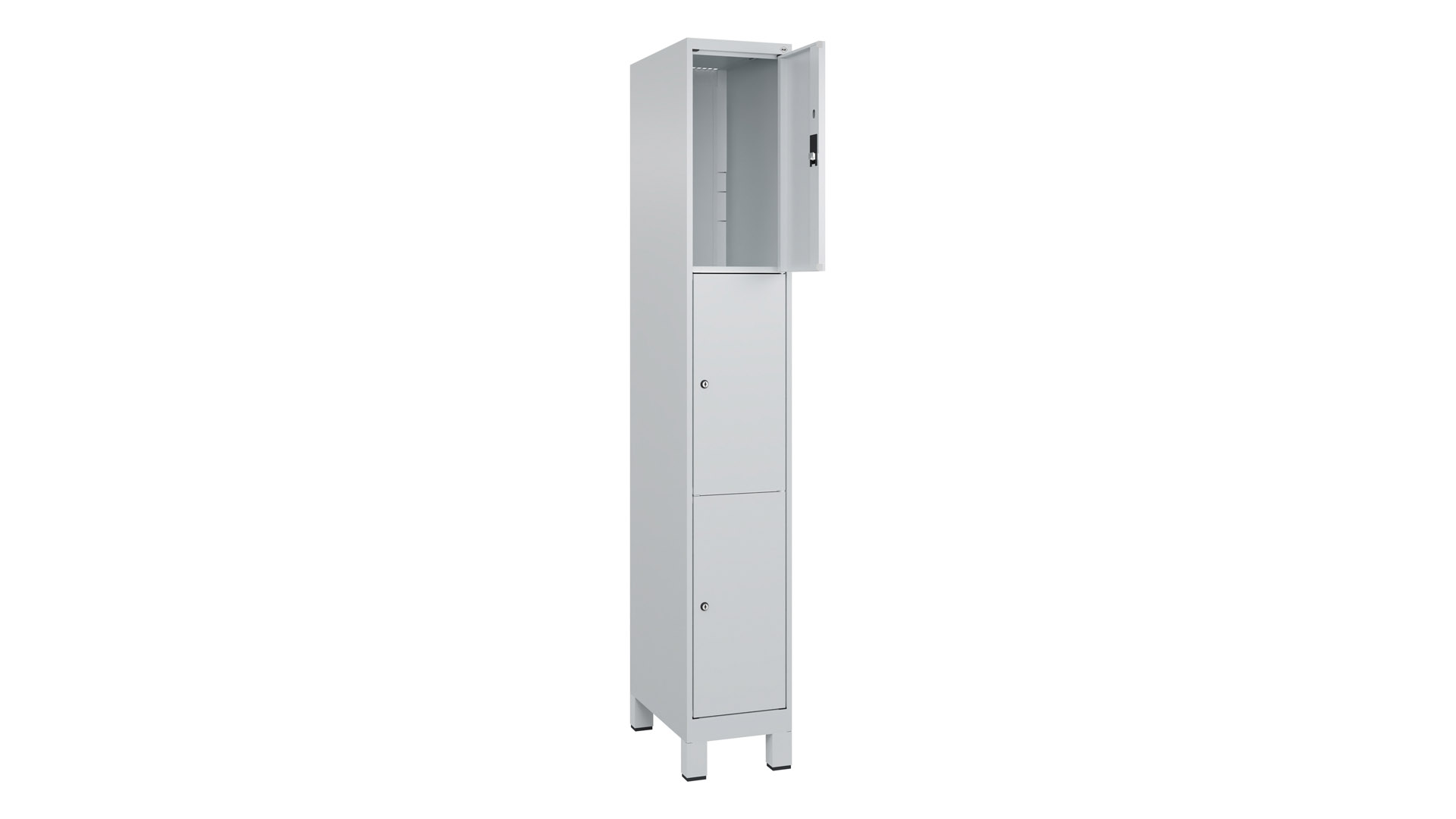 Fächerschrank, BxTxH 300x500x1.950 mm, 1x3 Fächer, Abteilbreite 300 mm, Füße, Schloss, glatte Türen, RAL 7035