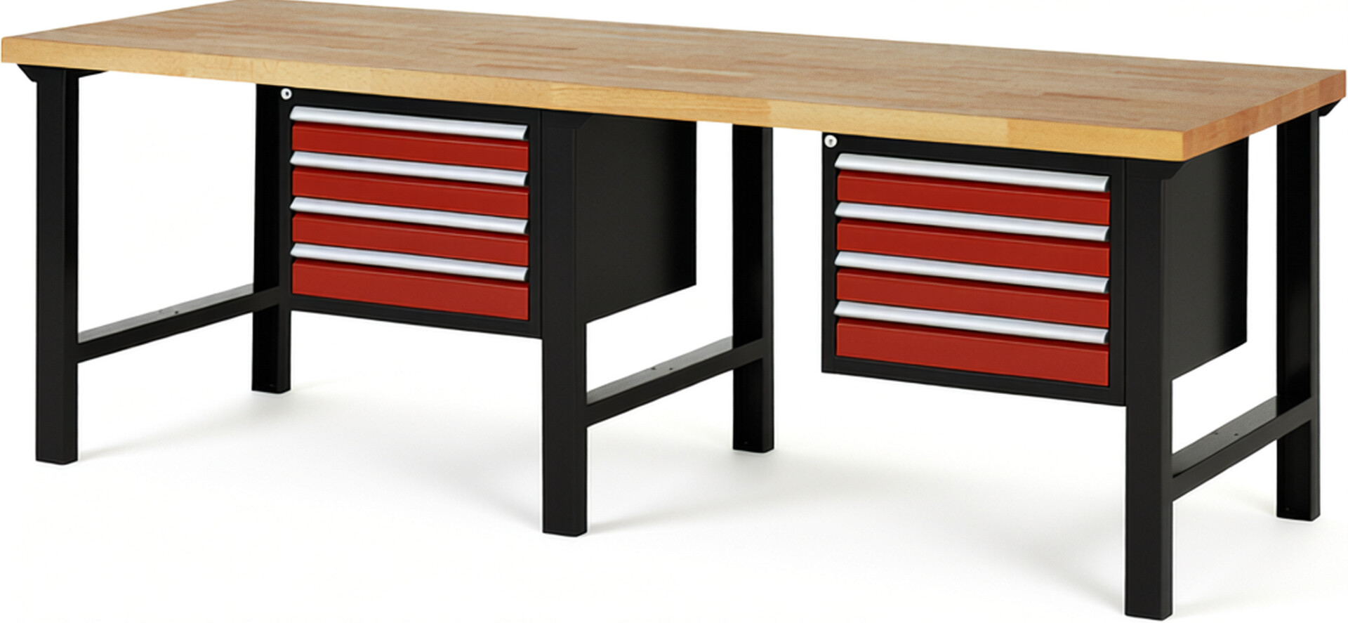 RAU Werkbank schwarz - rot - Breite 250 cm - Tiefe 90 cm - Höhe 84 cm - Buche-Massiv Arbeitsplatte 40 mm