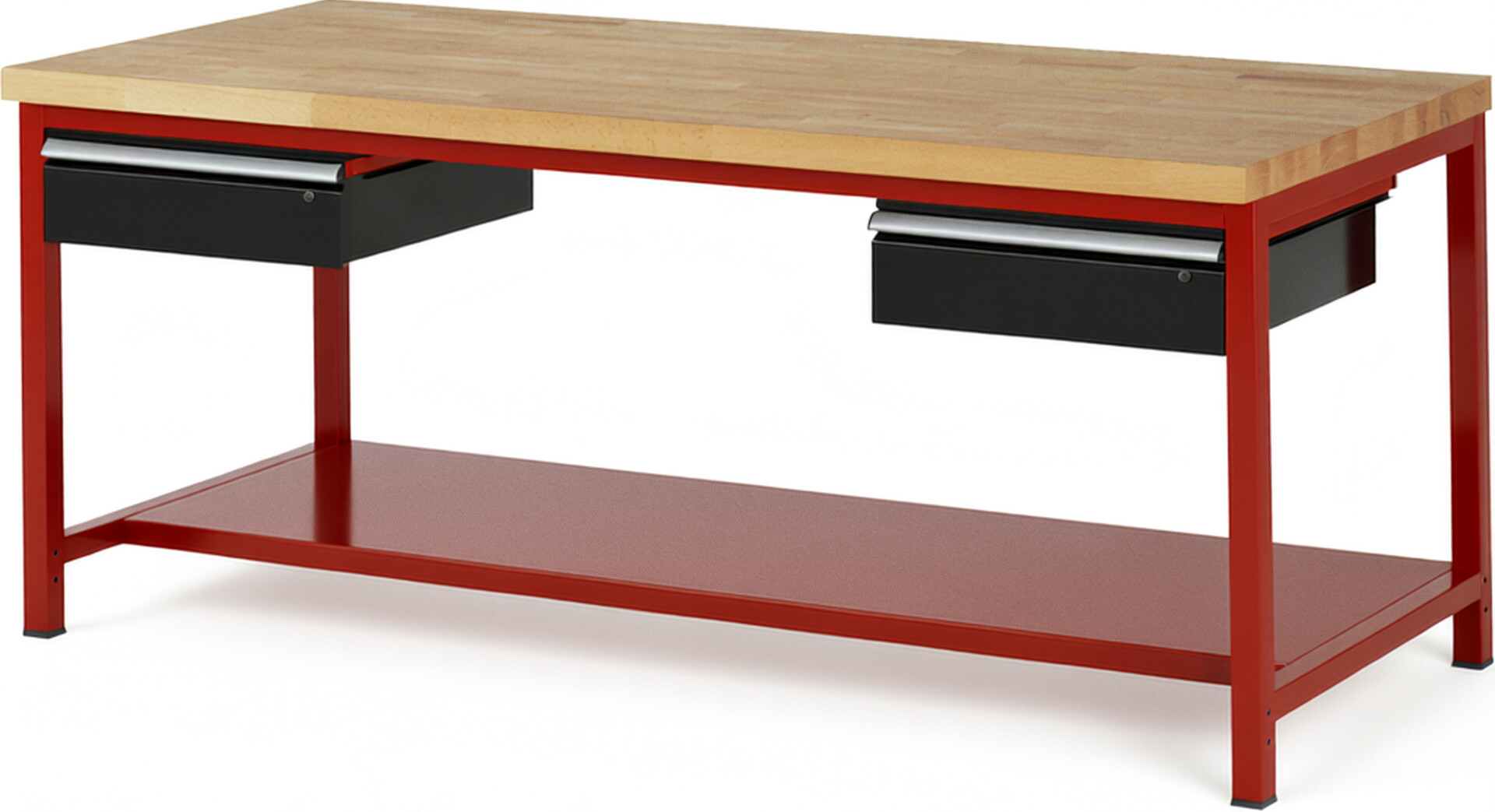 Werkbank Modell 8002 rot - schwarz, BxTxH 2000x900x840-1040 mm,  Buche-Massiv Arbeitsplatte 40 mm,  2 Schubladen mit  Auszug 90 %