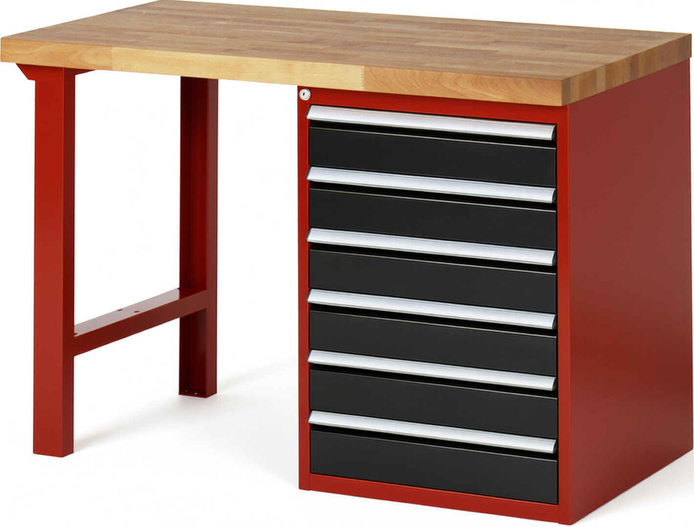 Werkbank Modell 7516 rot - schwarz, BxTxH 1250x700x840 mm,  Buche-Massiv Arbeitsplatte 40 mm,  6 Schubladen mit  Auszug 90 %
