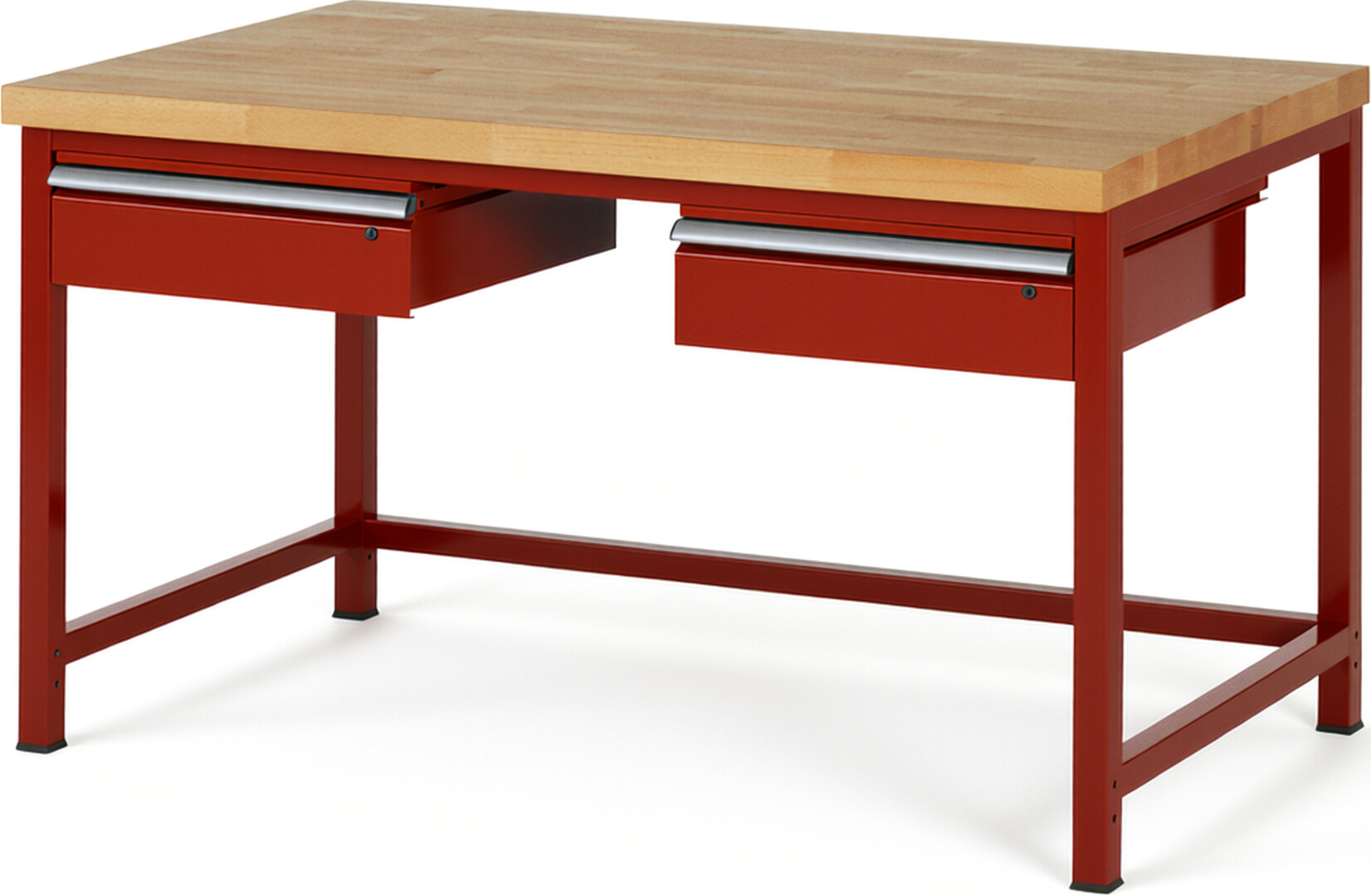 Werkbank Modell 8002 rot, BxTxH 1500x900x840-1040 mm,  Buche-Massiv Arbeitsplatte 40 mm,  2 Schubladen mit  Auszug 90 %