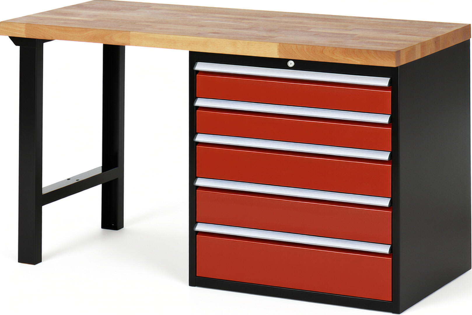 RAU Werkbank schwarz - rot - Breite 150 cm - Tiefe 70 cm - Höhe 89 cm - Buche-Massiv Arbeitsplatte 40 mm