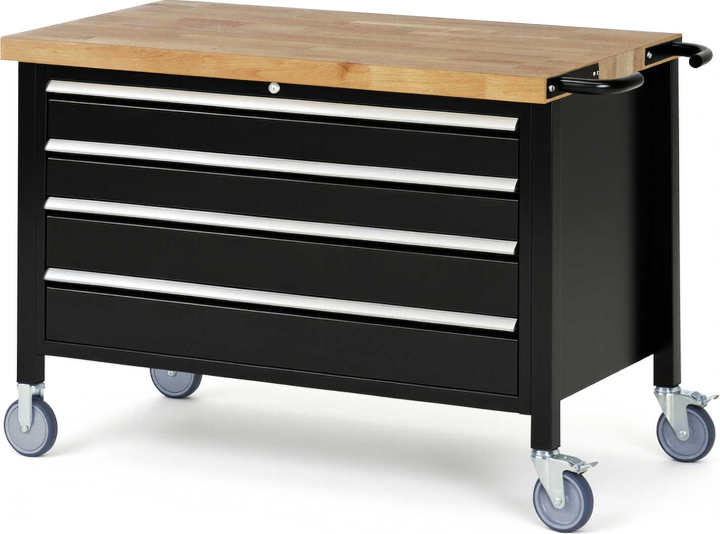 Fahrbare Werkbank Modell 8362 schwarz, BxTxH 1250x700x880 mm,  Buche-Massiv Arbeitsplatte 40 mm,  4 Schubladen mit  Vollauszug 100 % und  SoftClosing