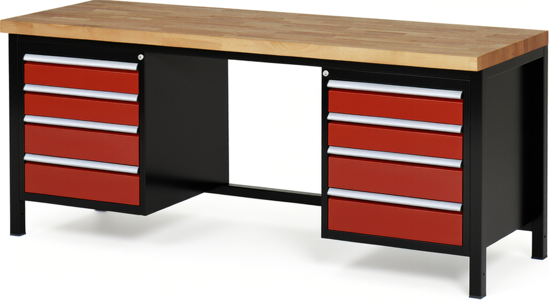 RAU Werkbank schwarz - rot - Breite 200 cm - Tiefe 70 cm - Höhe 104 cm - Buche-Massiv Arbeitsplatte 40 mm