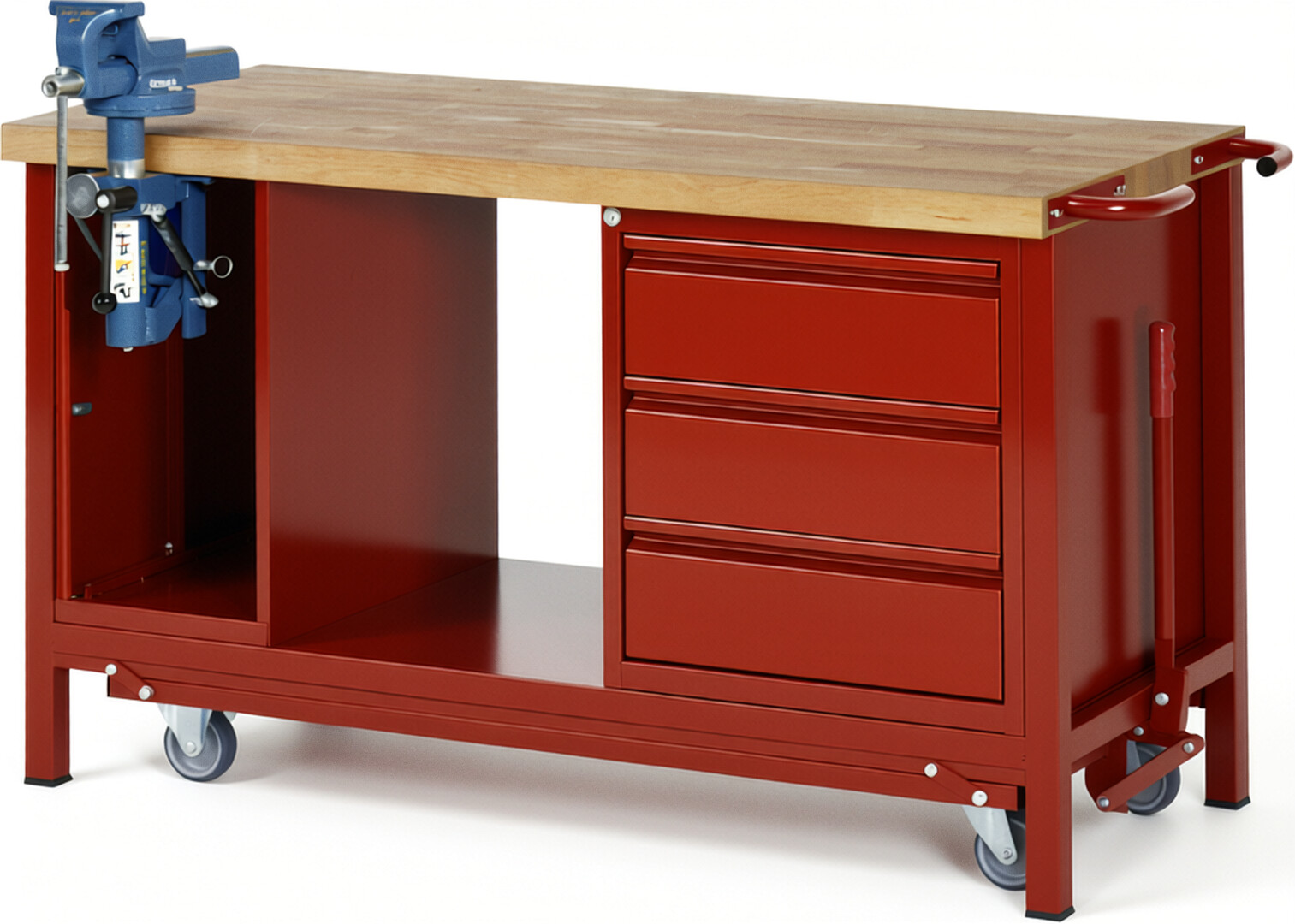 Absenkbare Werkbank - Modell 8183 BASIC rot, BxTxH 1500x700x880 mm,  Buche-Massiv Arbeitsplatte 40 mm,  3 Schubladen mit  Auszug 90 %