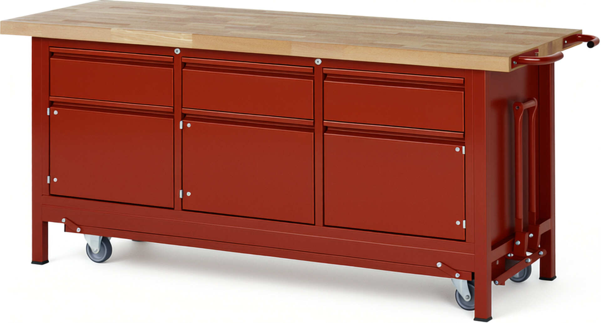 Absenkbare Werkbank - Modell 8567 BASIC rot, BxTxH 2000x700x880 mm,  Buche-Massiv Arbeitsplatte 40 mm,  3 Schubladen mit  Auszug 90 %