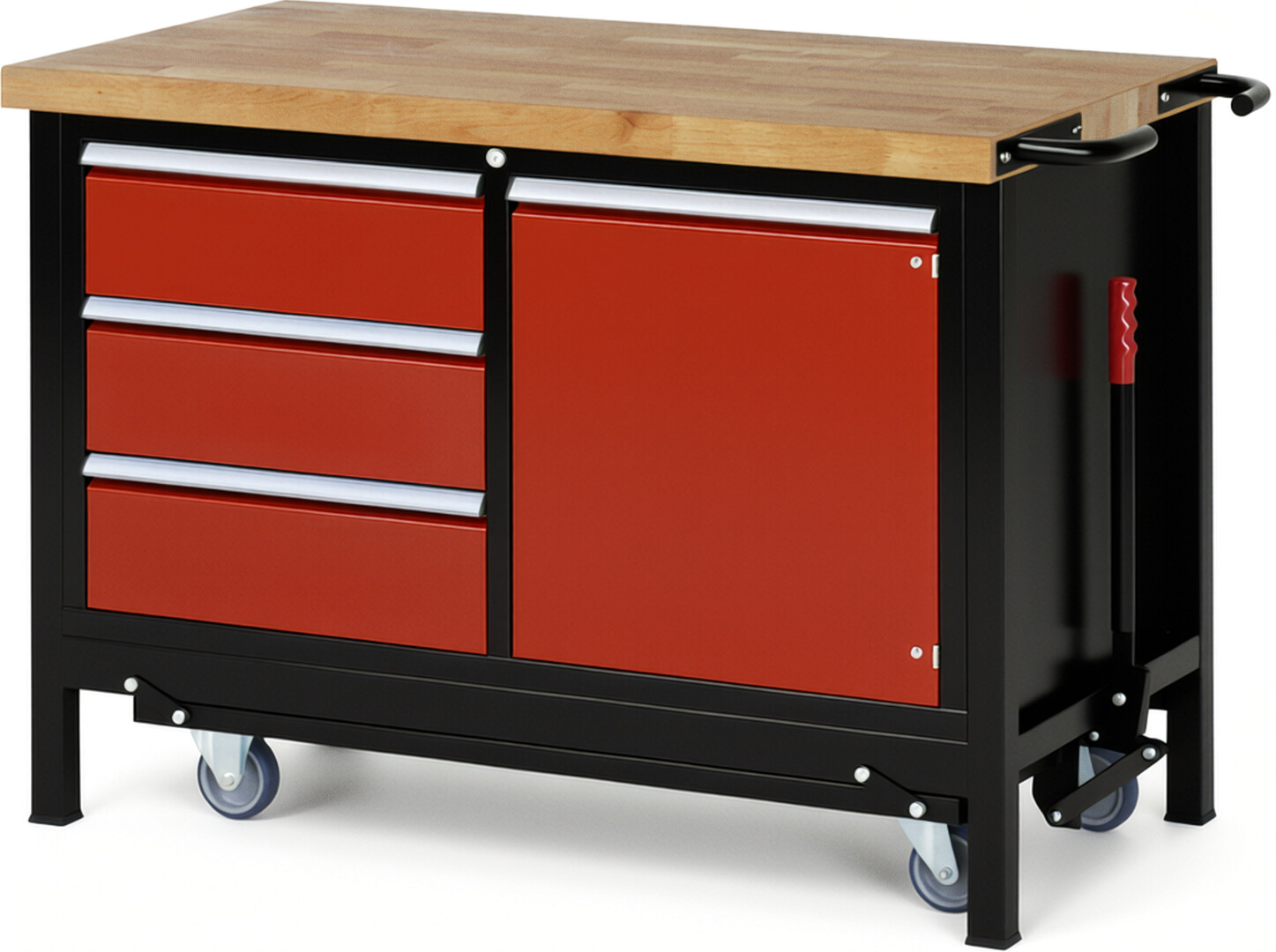 Absenkbare Werkbank Modell 8468 schwarz-rot, BxTxH 1250x700x880 mm,  Buche-Massiv Arbeitsplatte 40 mm,  3 Schubladen mit  Auszug 90 %