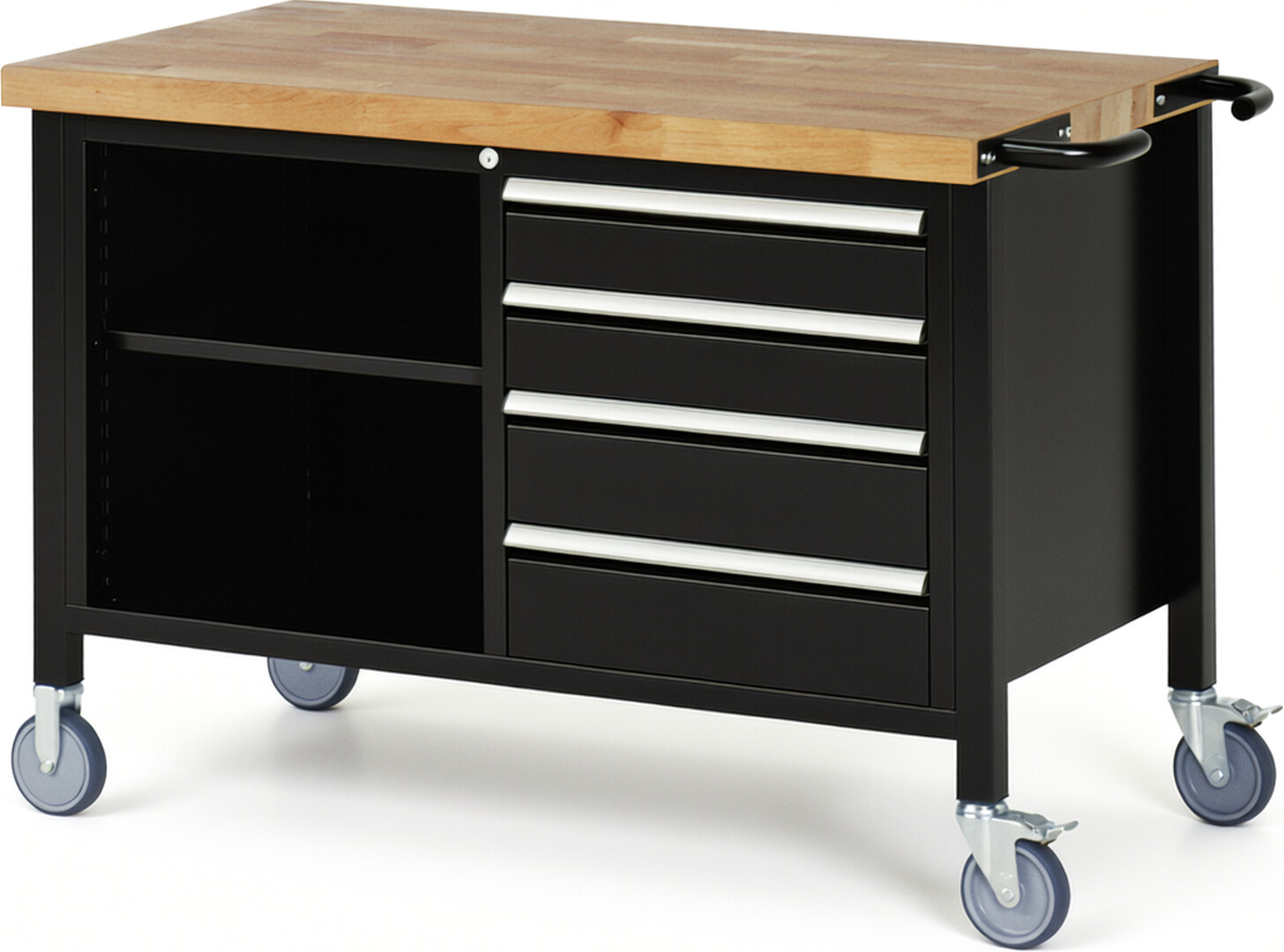 RAU Werkbank schwarz - Breite 125 cm - Tiefe 70 cm - Höhe 88 cm - Buche-Massiv Arbeitsplatte 40 mm