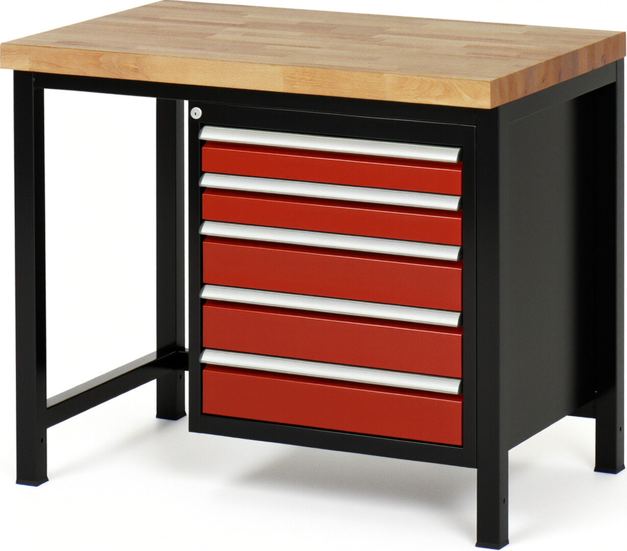 Werkbank Modell 8171 schwarz-rot, BxTxH 1000x700x840-1040 mm,  Buche-Massiv Arbeitsplatte 40 mm,  5 Schubladen mit  Vollauszug 100 % und  SoftClosing