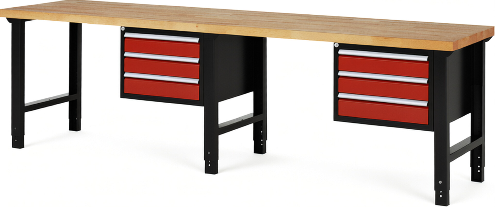 RAU Werkbank schwarz - rot - Breite 300 cm - Tiefe 70 cm - Höhe 114 cm - Buche-Massiv Arbeitsplatte 40 mm