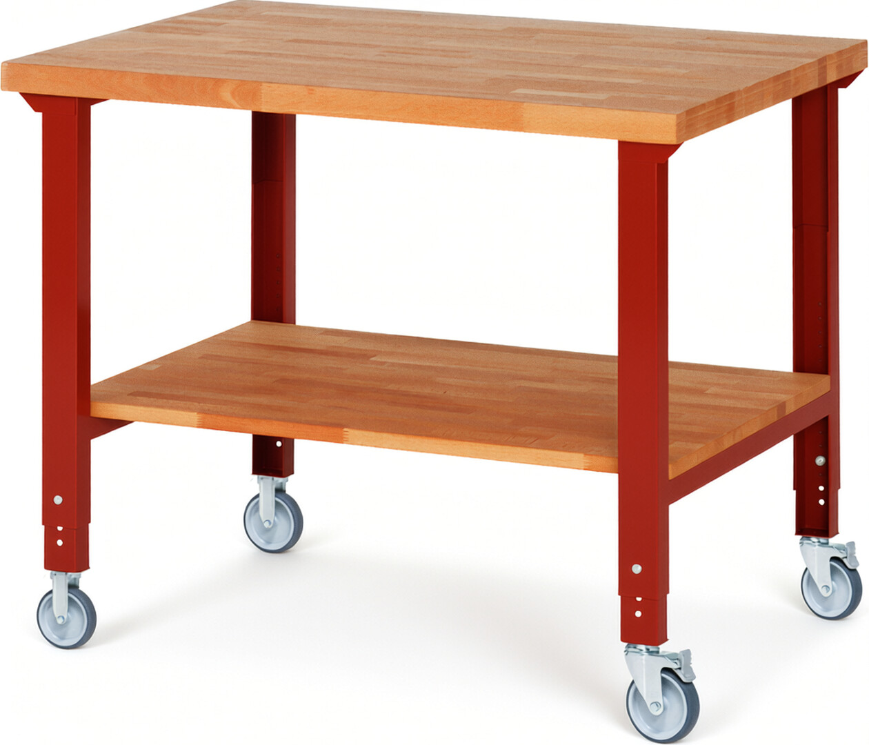 Fahrbare Werkbank Modell 7000 rot, BxTxH 1250x900x950-1000 mm,  Buche-Massiv Arbeitsplatte 40 mm