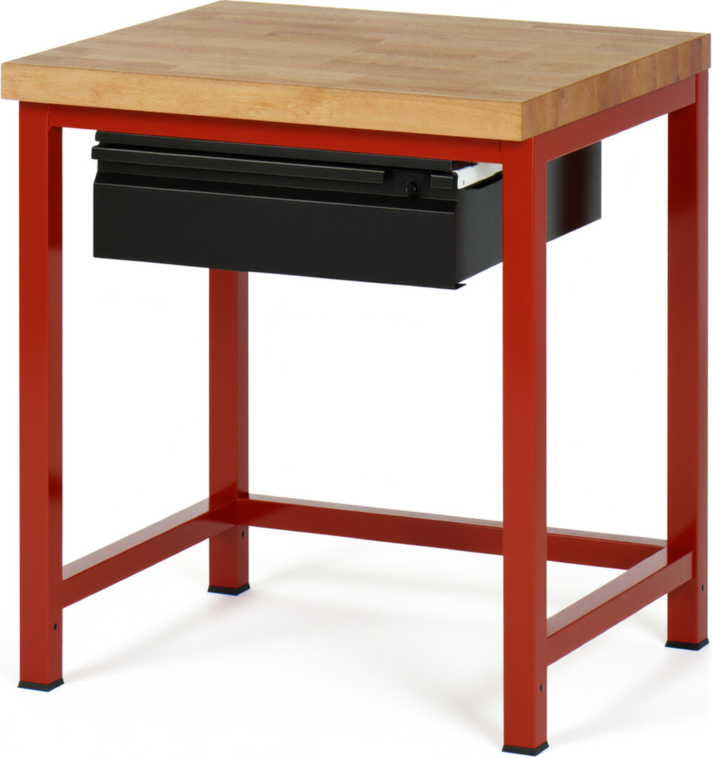 Werkbank rot - schwarz, BxTxH 750x700x840-1040 mm, Platte Buche 40 mm, 1 Schublade 150 mm, RAL 3000/9011