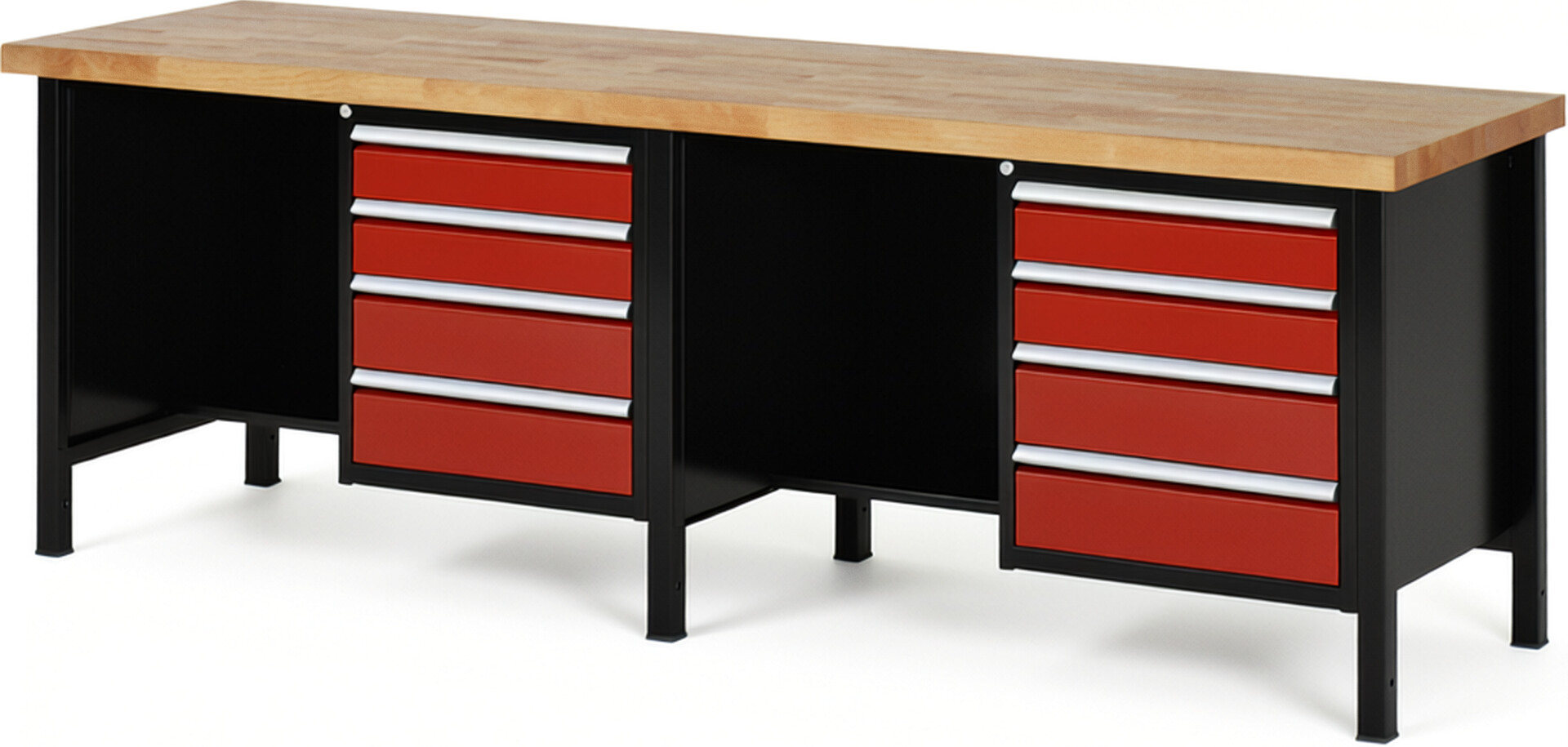 RAU Werkbank schwarz - rot - Breite 250 cm - Tiefe 70 cm - Höhe 104 cm - Buche-Massiv Arbeitsplatte 40 mm