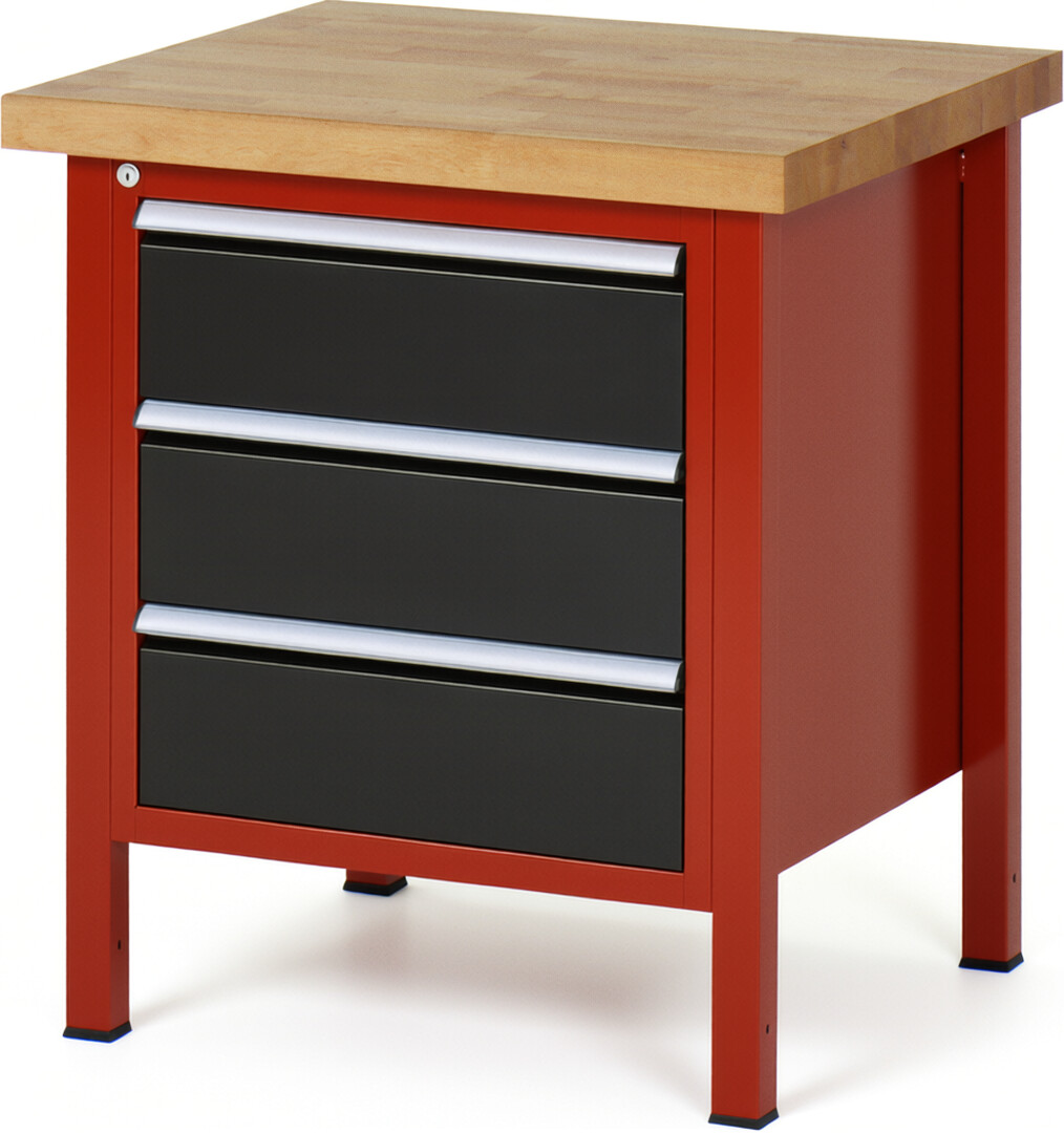 Werkbank Modell 8157 rot - schwarz, BxTxH 750x700x840-1040 mm,  Buche-Massiv Arbeitsplatte 40 mm,  3 Schubladen mit  Vollauszug 100 % und  SoftClosing