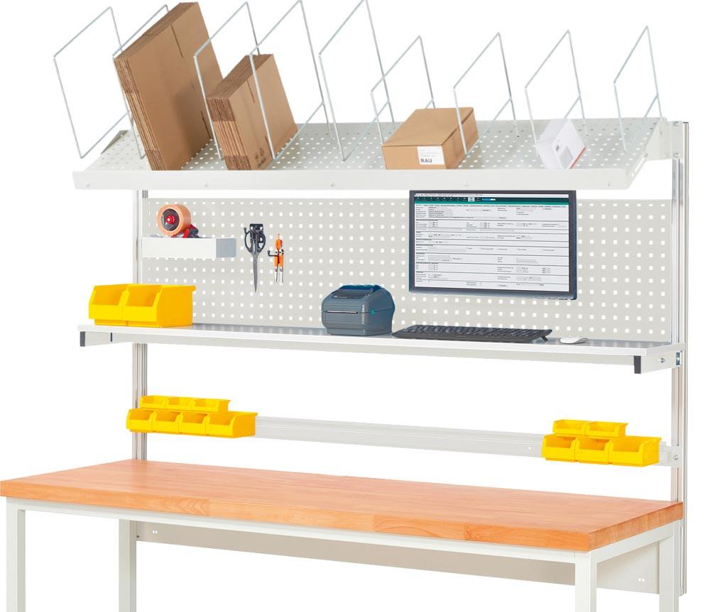 Aufbau für Werkbank B 2000 mm mit Etagenbord, Lochplatte H 450 mm, Montageadapter, Kartonagemagazin,Halteschiene, RAL 7035