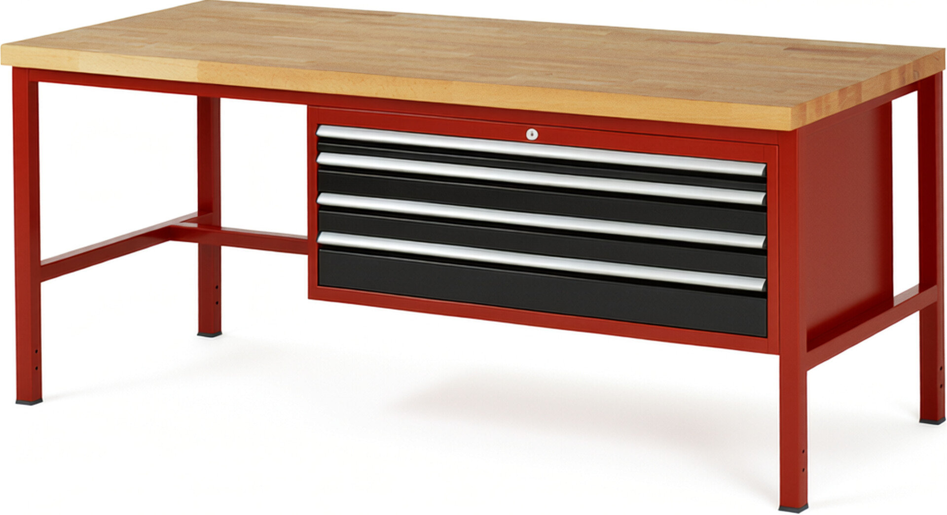 Werkbank Modell 8332 rot - schwarz, BxTxH 2000x900x840 mm,  Buche-Massiv Arbeitsplatte 40 mm,  4 Schubladen mit  Auszug 90 %