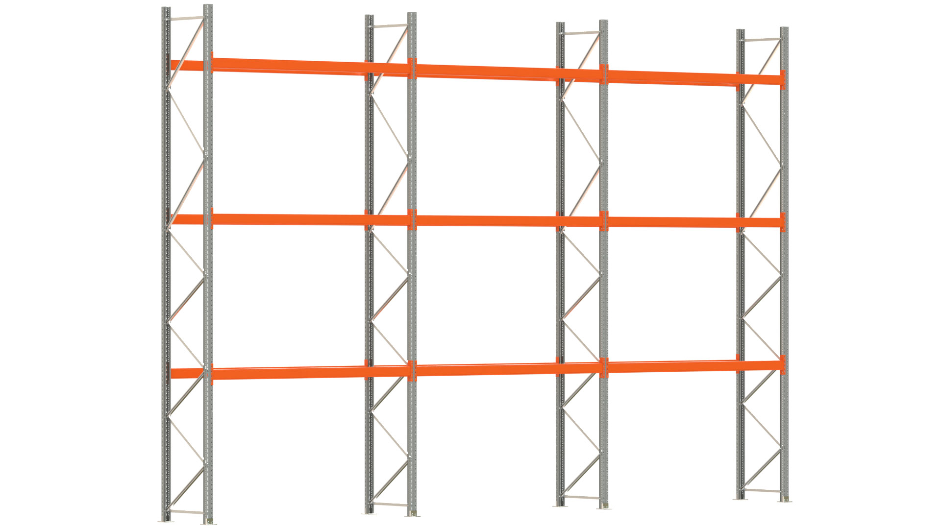 Palettenregal ARTUS - Breite 844 cm - Höhe 550 cm - Tiefe 80 cm - 3 Träger-Ebenen - max. Fachlast 2100 kg - 24 Palettenstellplätze