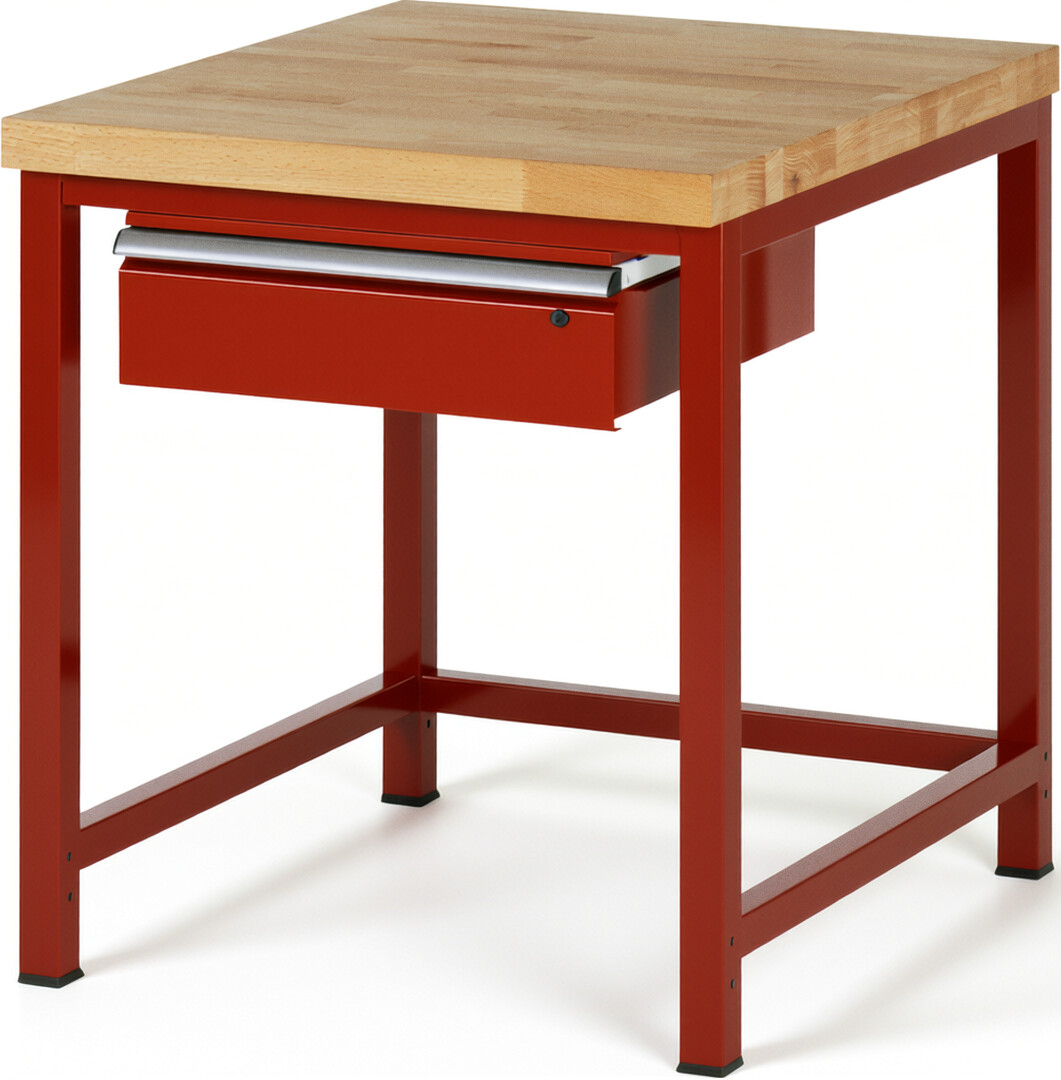 Werkbank Modell 8001 rot, BxTxH 750x900x840-1040 mm,  Buche-Massiv Arbeitsplatte 40 mm,  1 Schublade mit  Auszug 90 %