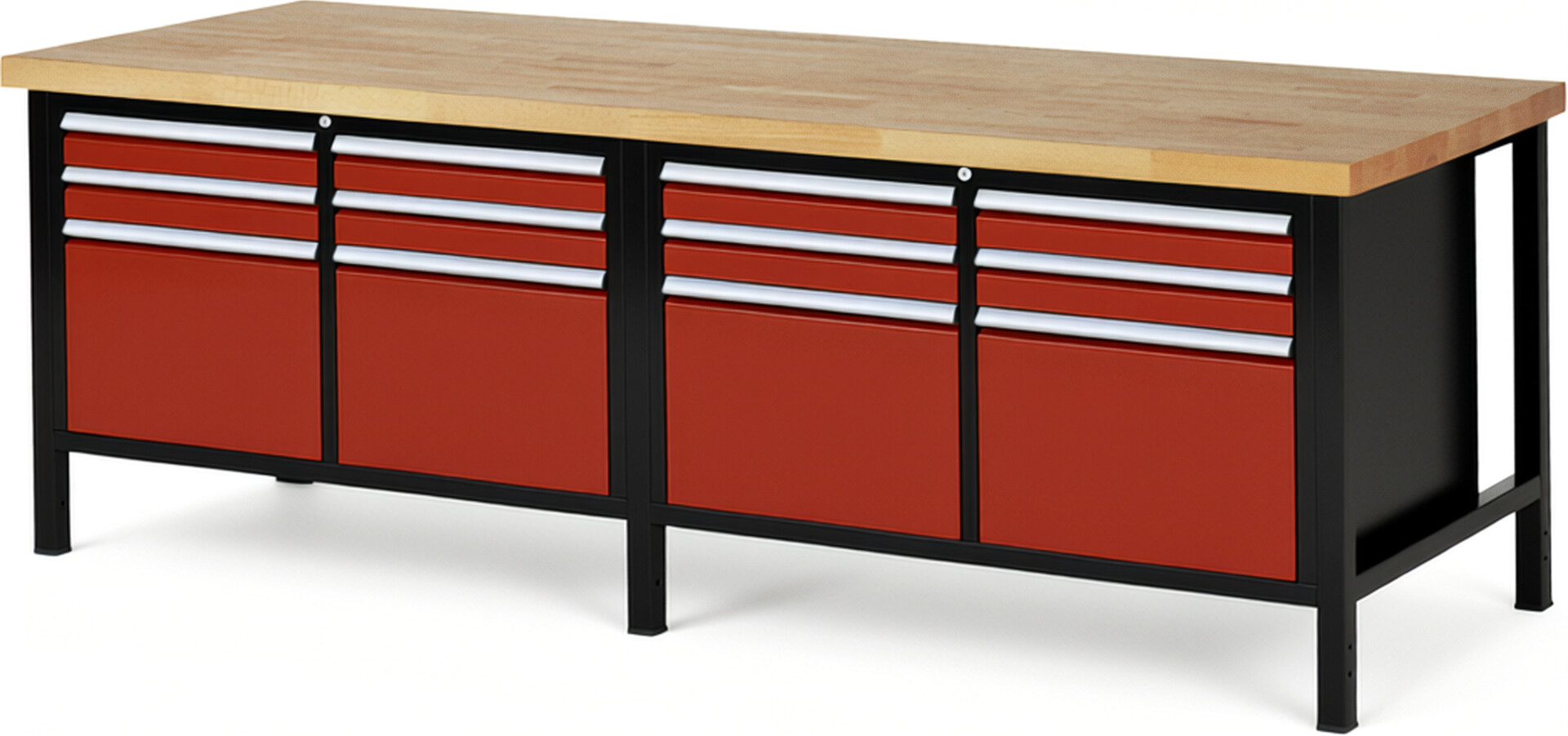 RAU Werkbank schwarz - rot - Breite 250 cm - Tiefe 90 cm - Höhe 104 cm - Buche-Massiv Arbeitsplatte 40 mm