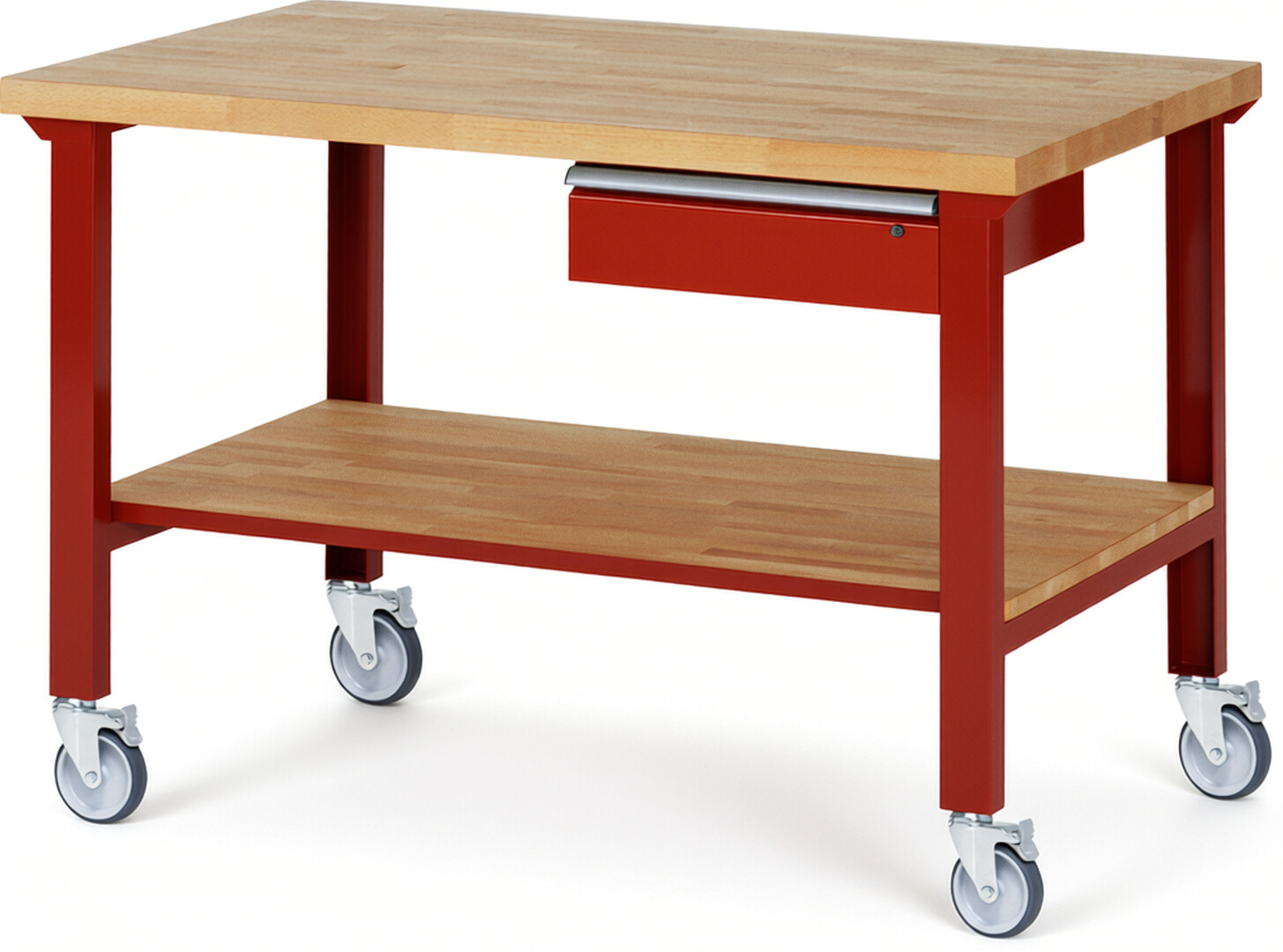 RAU Werkbank rot - Breite 150 cm - Tiefe 90 cm - Höhe 100 cm - Buche-Massiv Arbeitsplatte 40 mm