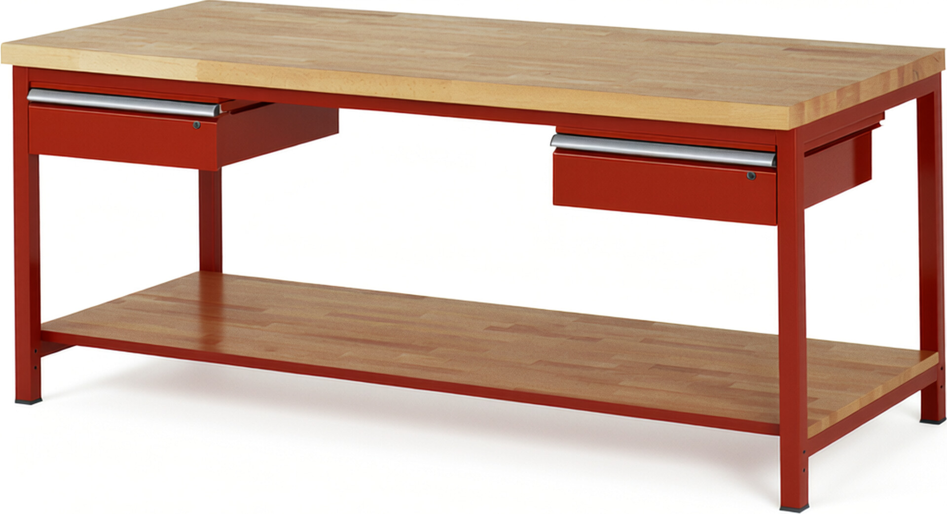 RAU Werkbank rot - Breite 200 cm - Tiefe 90 cm - Höhe 104 cm - Buche-Massiv Arbeitsplatte 40 mm