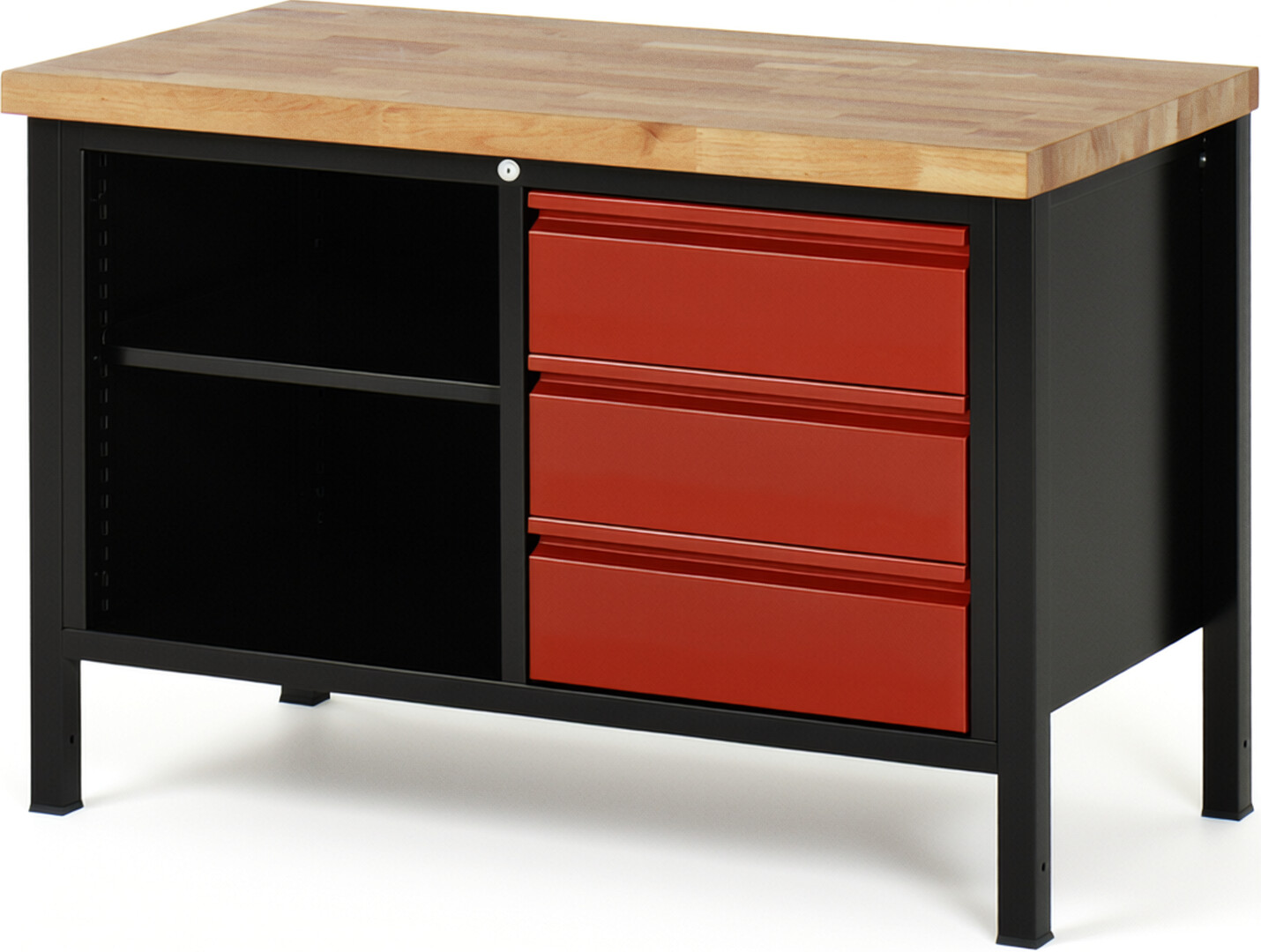 Werkbank schwarz - rot, Breite 125 cm, Tiefe 70 cm, Höhe 104 cm, 3 Schublade(n), Platte: Buche-Massiv-Arbeitsplatte