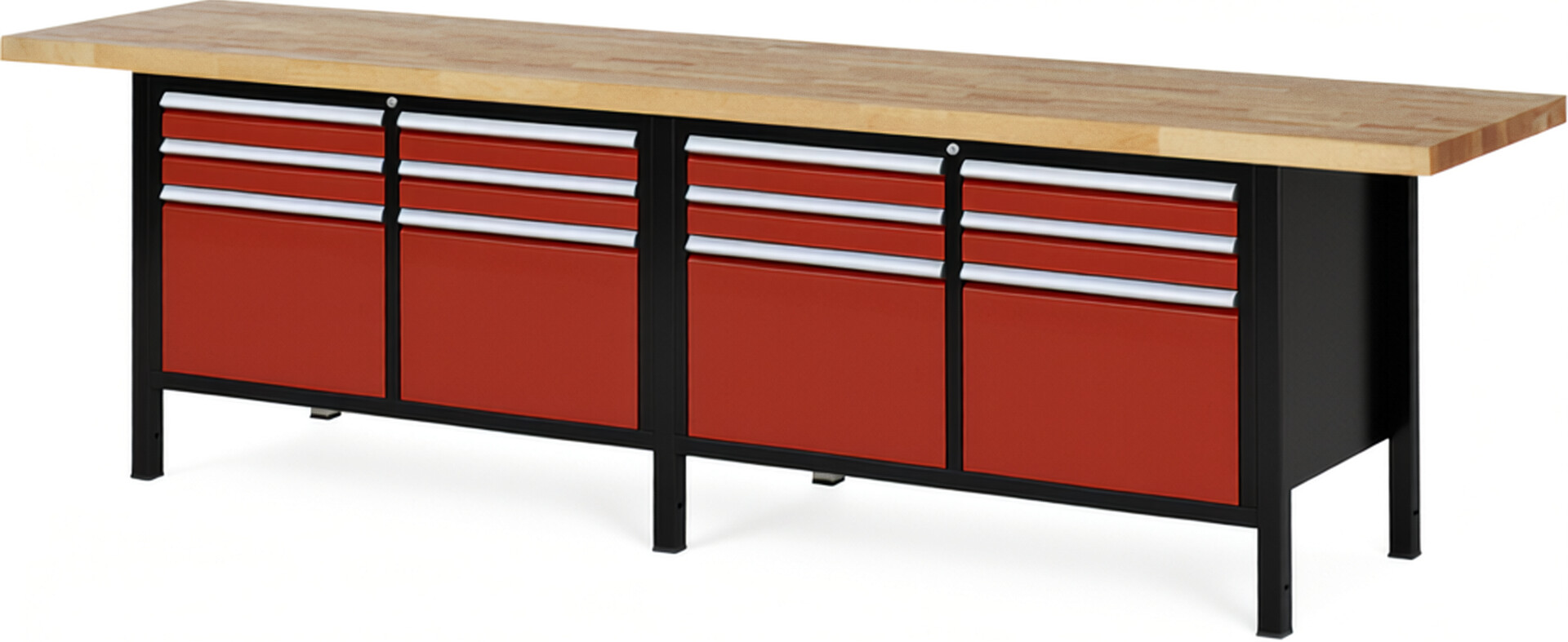 RAU Werkbank schwarz - rot - Breite 300 cm - Tiefe 70 cm - Höhe 104 cm - Buche-Massiv Arbeitsplatte 40 mm