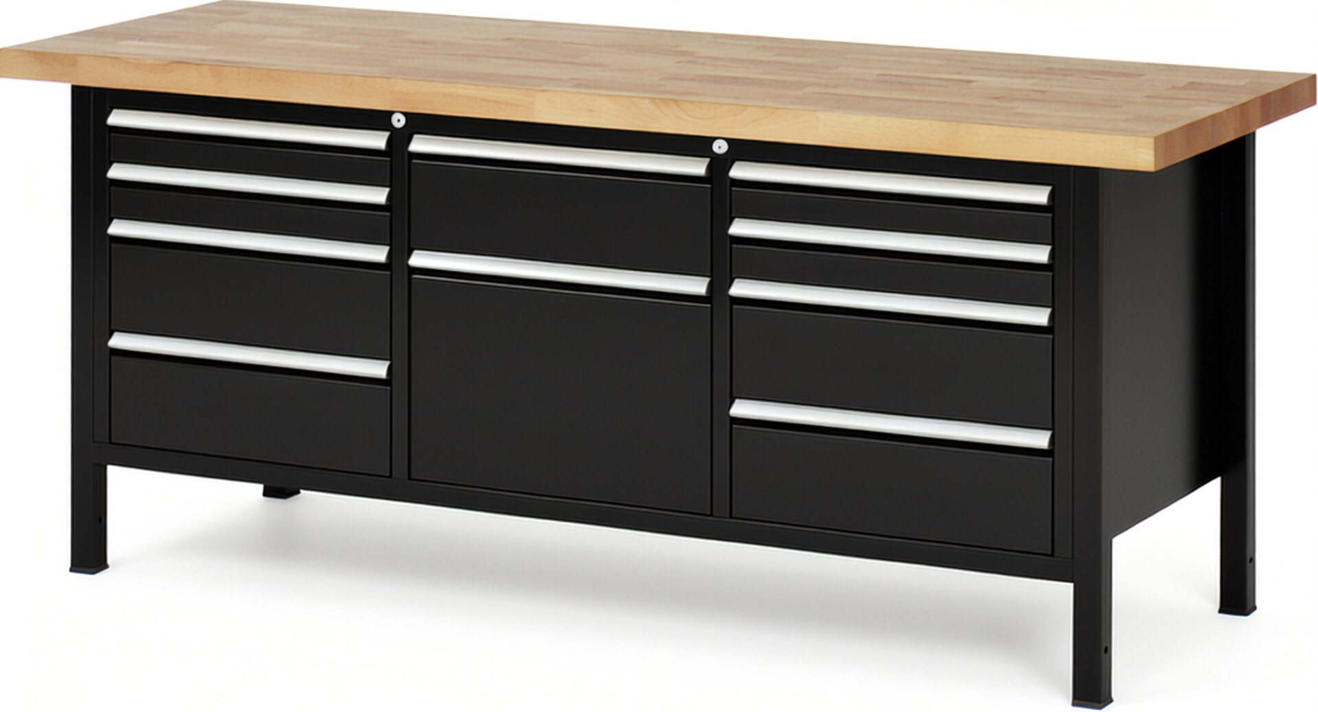 Werkbank Modell 8575 schwarz, BxTxH 2000x700x840-1040 mm,  Buche-Massiv Arbeitsplatte 40 mm,  10 Schubladen mit  Vollauszug 100 % und  SoftClosing