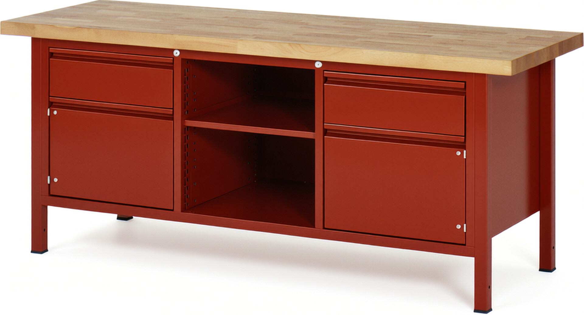 Werkbank rot, BxTxH 2000x700x840 mm, Platte Buche 40 mm mit Deckfunier, 2 Schubladen 180 mm, 2 Türen 360 mm, 1 Fachboden, RAL 3000/3000