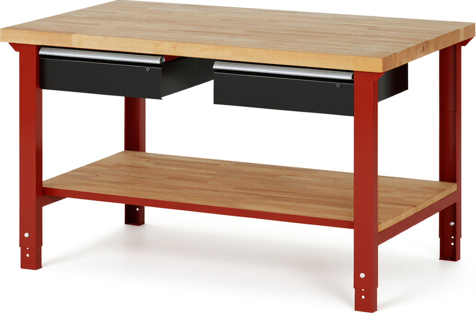 RAU Werkbank rot - schwarz - Breite 150 cm - Tiefe 90 cm - Höhe 114 cm - Buche-Massiv Arbeitsplatte 40 mm