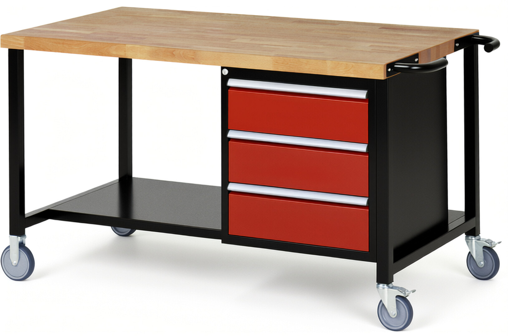 RAU Werkbank schwarz - rot - Breite 150 cm - Tiefe 90 cm - Höhe 108 cm - Buche-Massiv Arbeitsplatte 40 mm