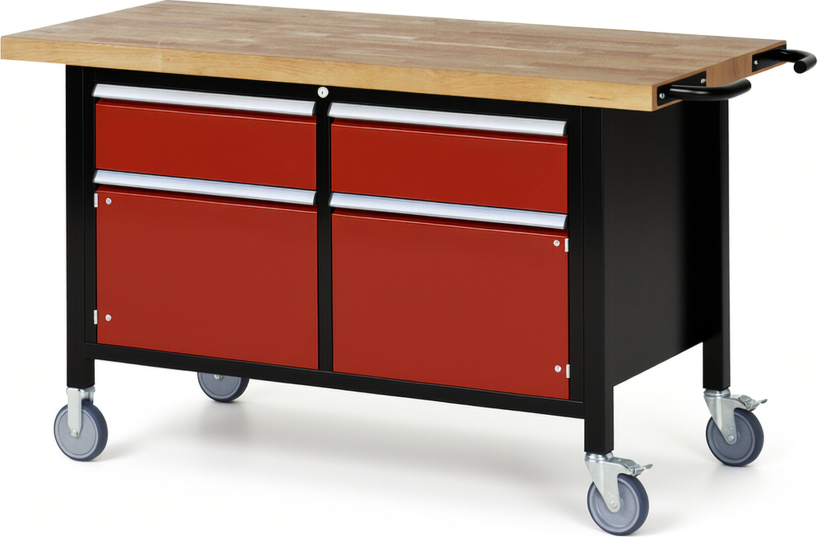 RAU Werkbank schwarz - rot - Breite 150 cm - Tiefe 70 cm - Höhe 108 cm - Buche-Massiv Arbeitsplatte 40 mm