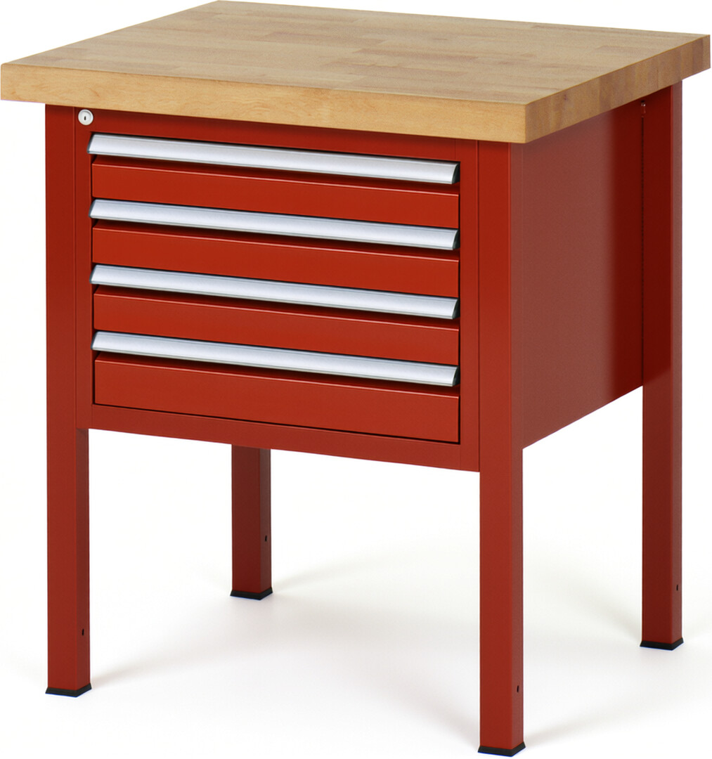 Werkbank Modell 8133 rot, BxTxH 750x700x840 mm,  Buche-Massiv Arbeitsplatte 40 mm,  4 Schubladen mit  Vollauszug 100 % und  SoftClosing