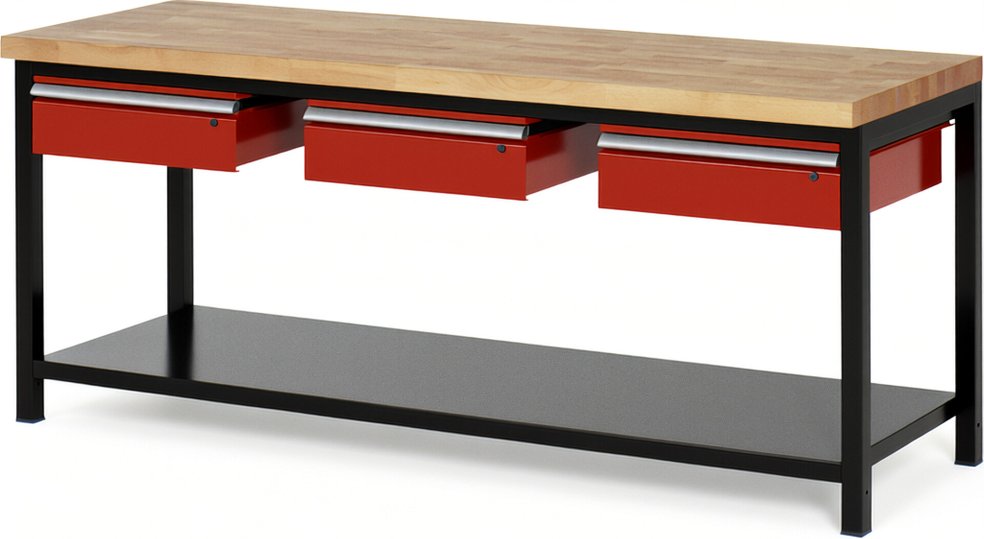 RAU Werkbank schwarz - rot - Breite 200 cm - Tiefe 70 cm - Höhe 104 cm - Buche-Massiv Arbeitsplatte 40 mm