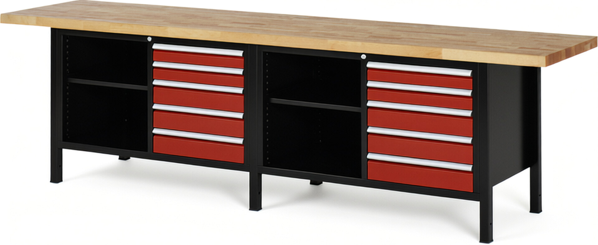 RAU Werkbank schwarz - rot - Breite 300 cm - Tiefe 70 cm - Höhe 104 cm - Buche-Massiv Arbeitsplatte 40 mm