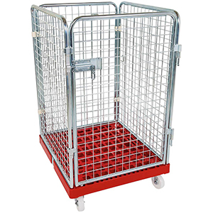 Rollbox mit Drahtgitterwänden, 4-seitig (1 Tür), Nutzhöhe 1020 mm, BxTxH 810x720x1200 mm, Bodenplatte aus HDPE, RAL 3000 feuerrot