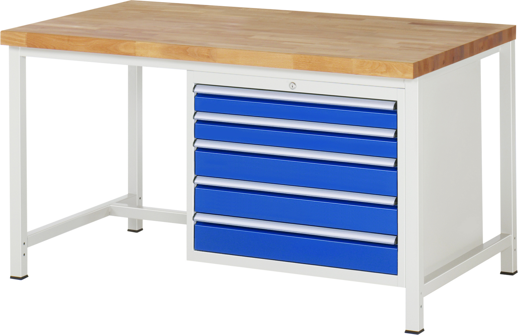 Werkbank Modell 8271,  BxTxH 1500x900x840 mm,  Buche-Massiv Arbeitsplatte 40 mm,  5 Schubladen mit  Vollauszug 100 % und  SoftClosing